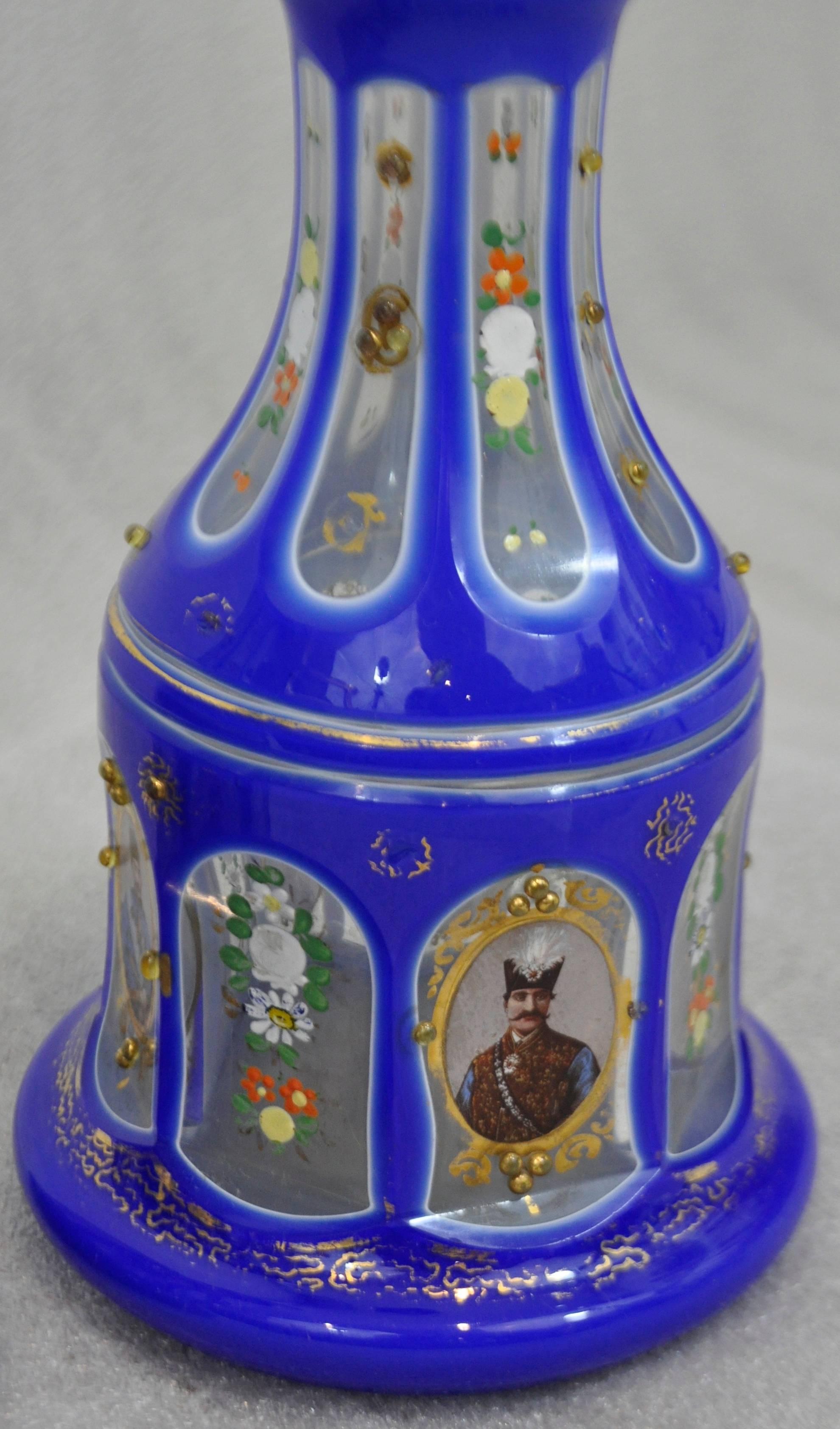 Enamel Late 19th Century Pair of Bohemian Gilt Glass Nargileh Bases Depicting Shahs For Sale