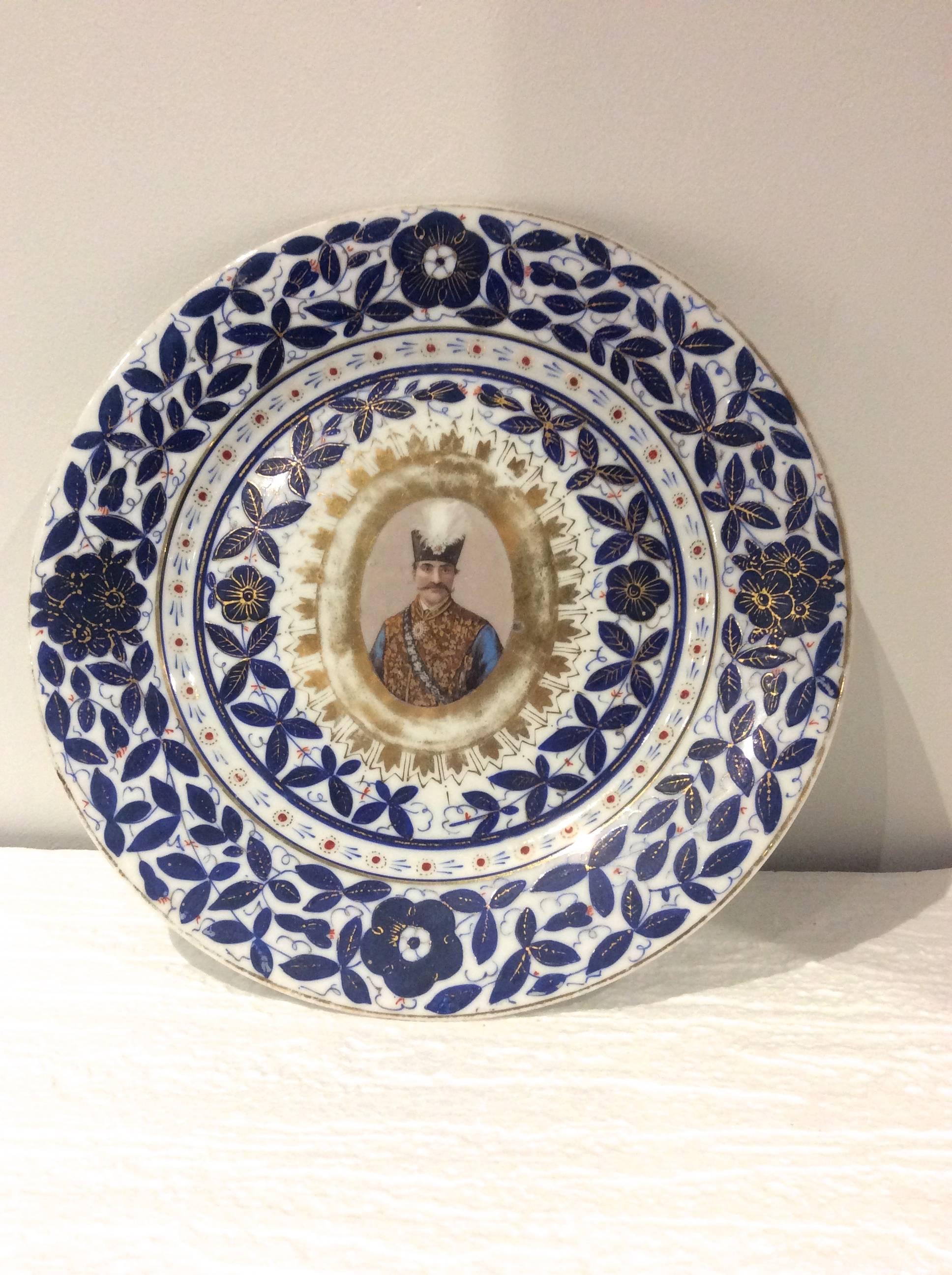 Set of Six Late 19th Century Ceramic Qajar Plates Featuring Eastern Potentates For Sale 2