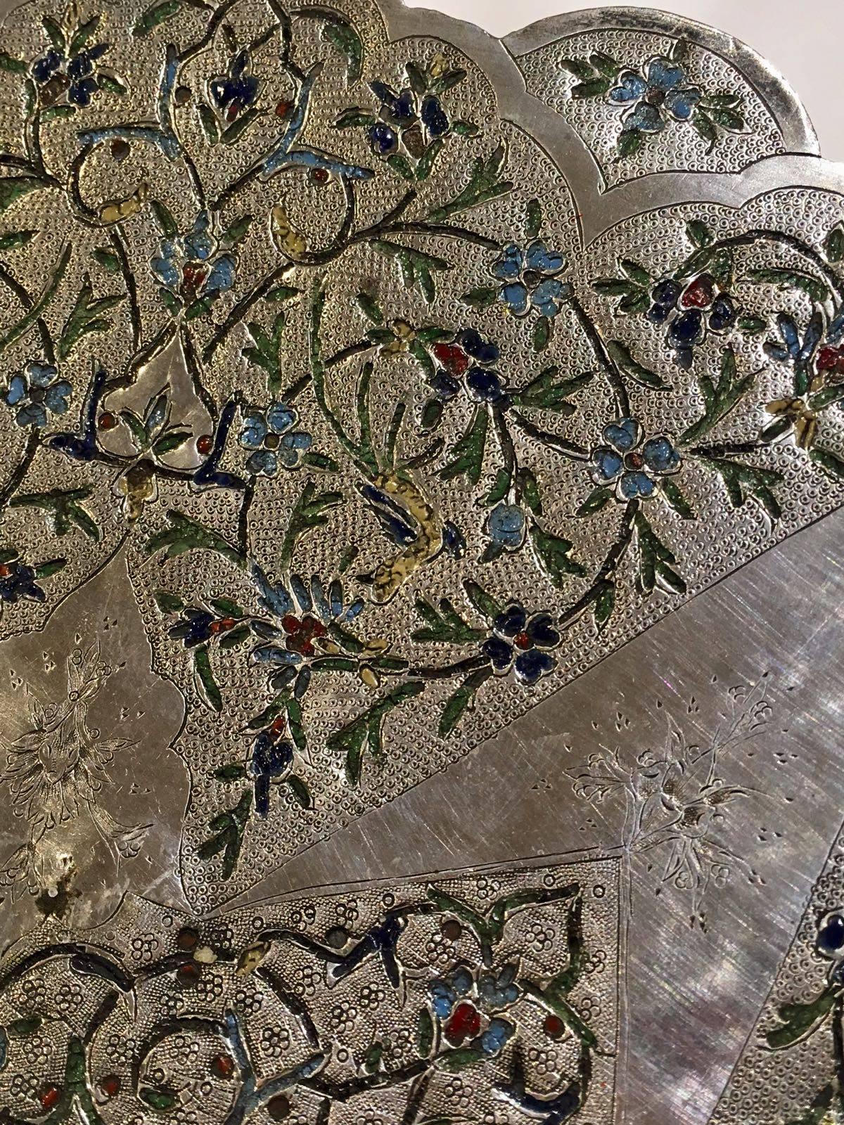 Pure Silver Persian Tray with Enamel Decoration, Late 19th-Early 19th Century In Excellent Condition In London, GB