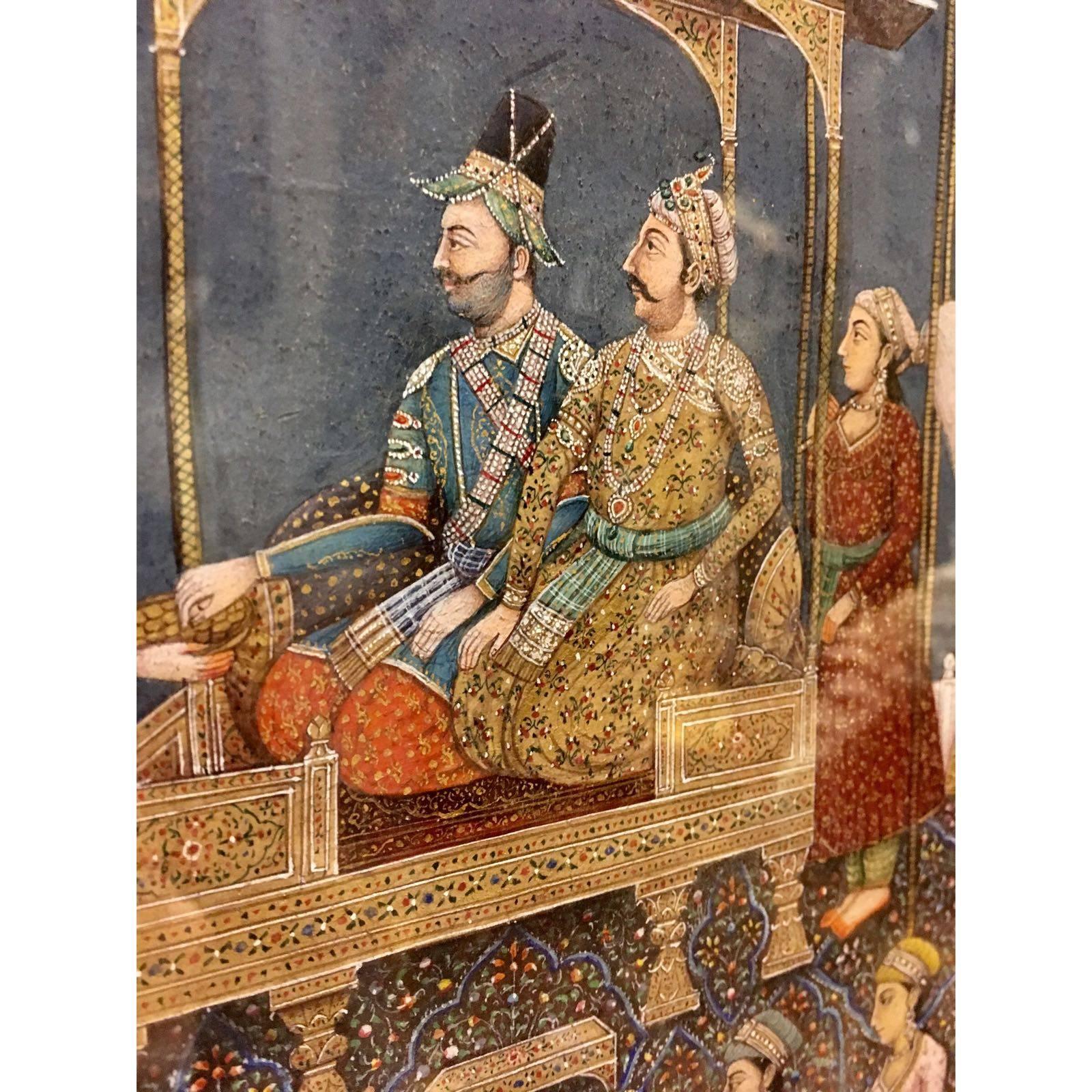 Muhammad Shah enthroned with the Persian Nadir Shah, receiving offerings from female attendants.

Gouache and gold on paper, nasta'liq inscription on painted surface, borders with profuse floral motifs.

H- 46cm x w 35cm