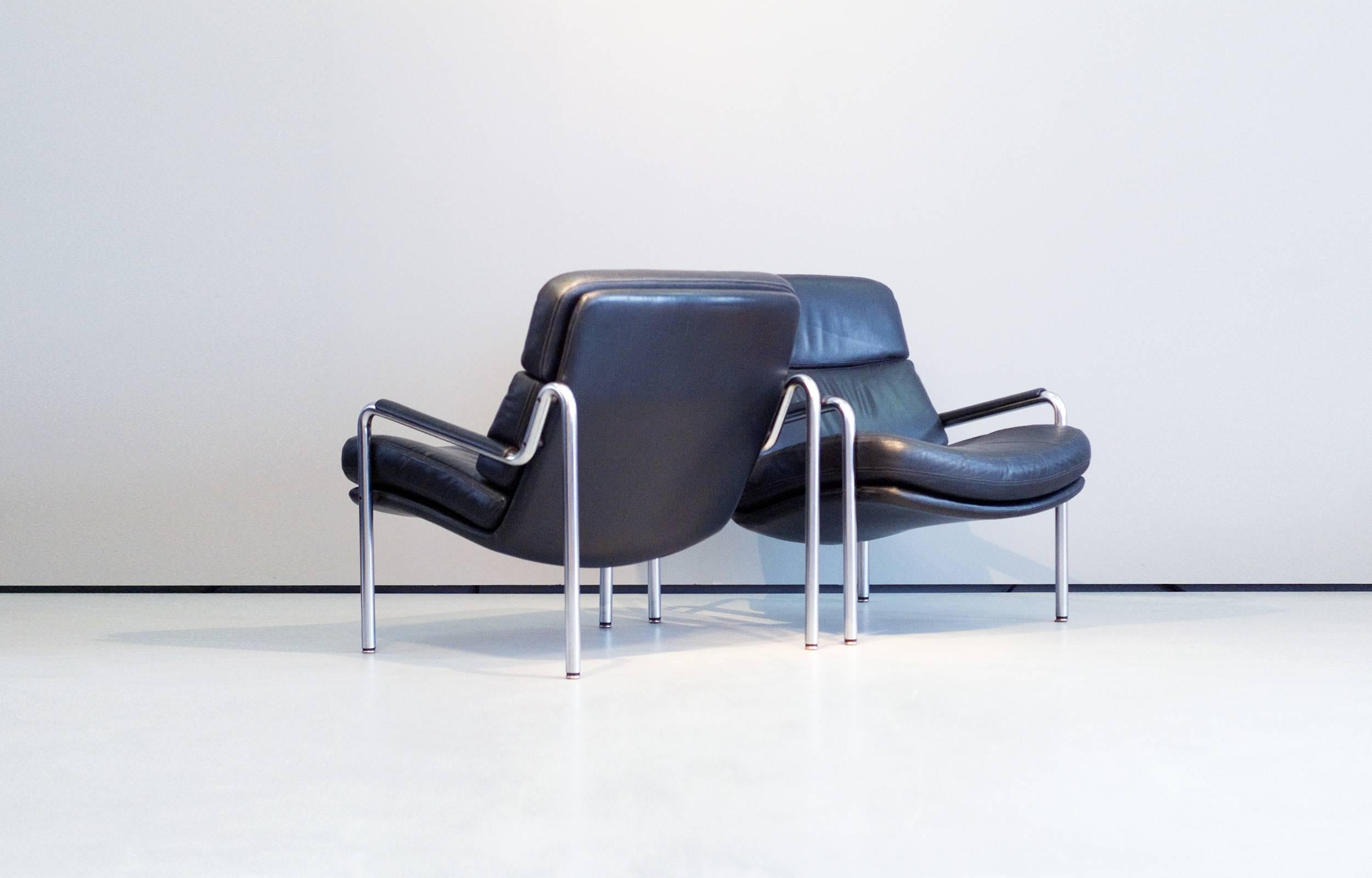 Mid-Century Modern Rare Jørgen Kastholm Easy Armchairs Set of Two Kusch Gmbh 1970s Black Leather