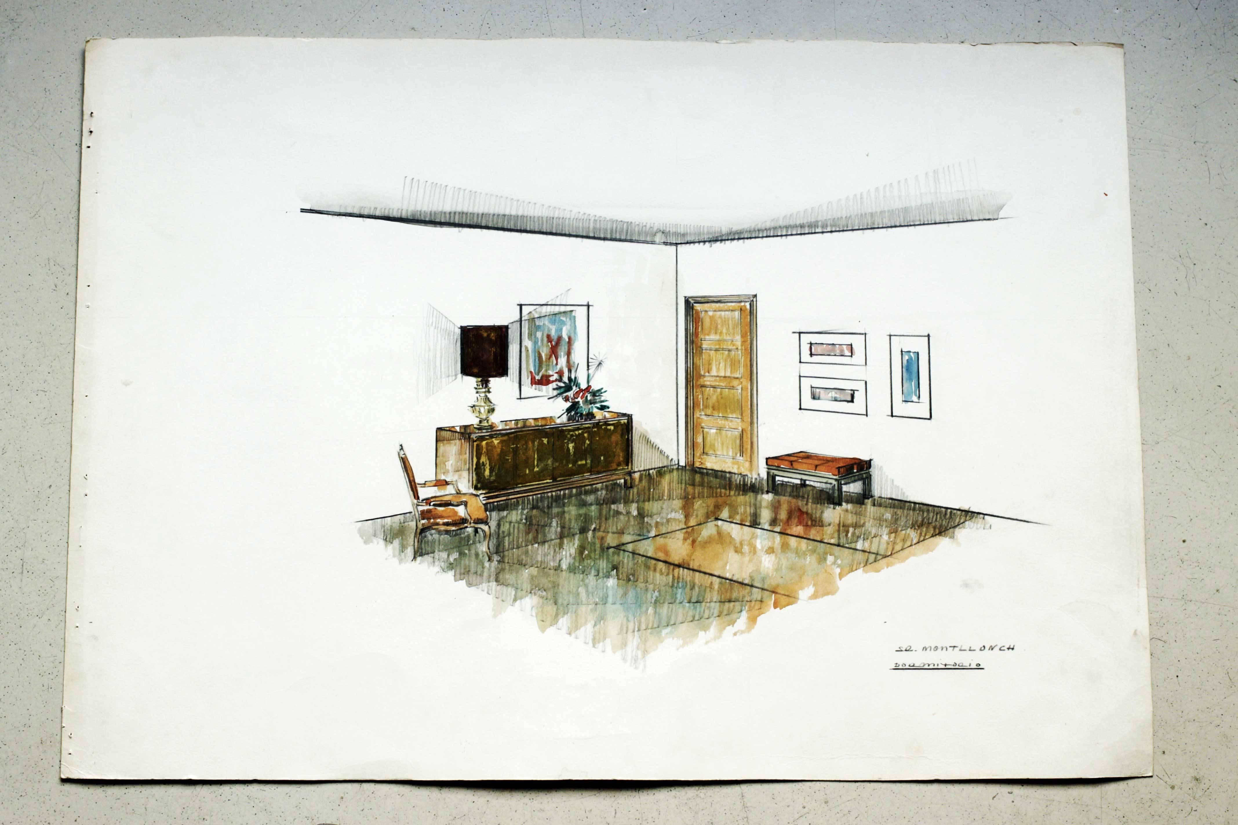 Vintage interior designer work of a bourgeois home made for a Spanish client in the 1970s. Drawing and watercolor techniques on thick paper. Overall good condition, some stains.
 