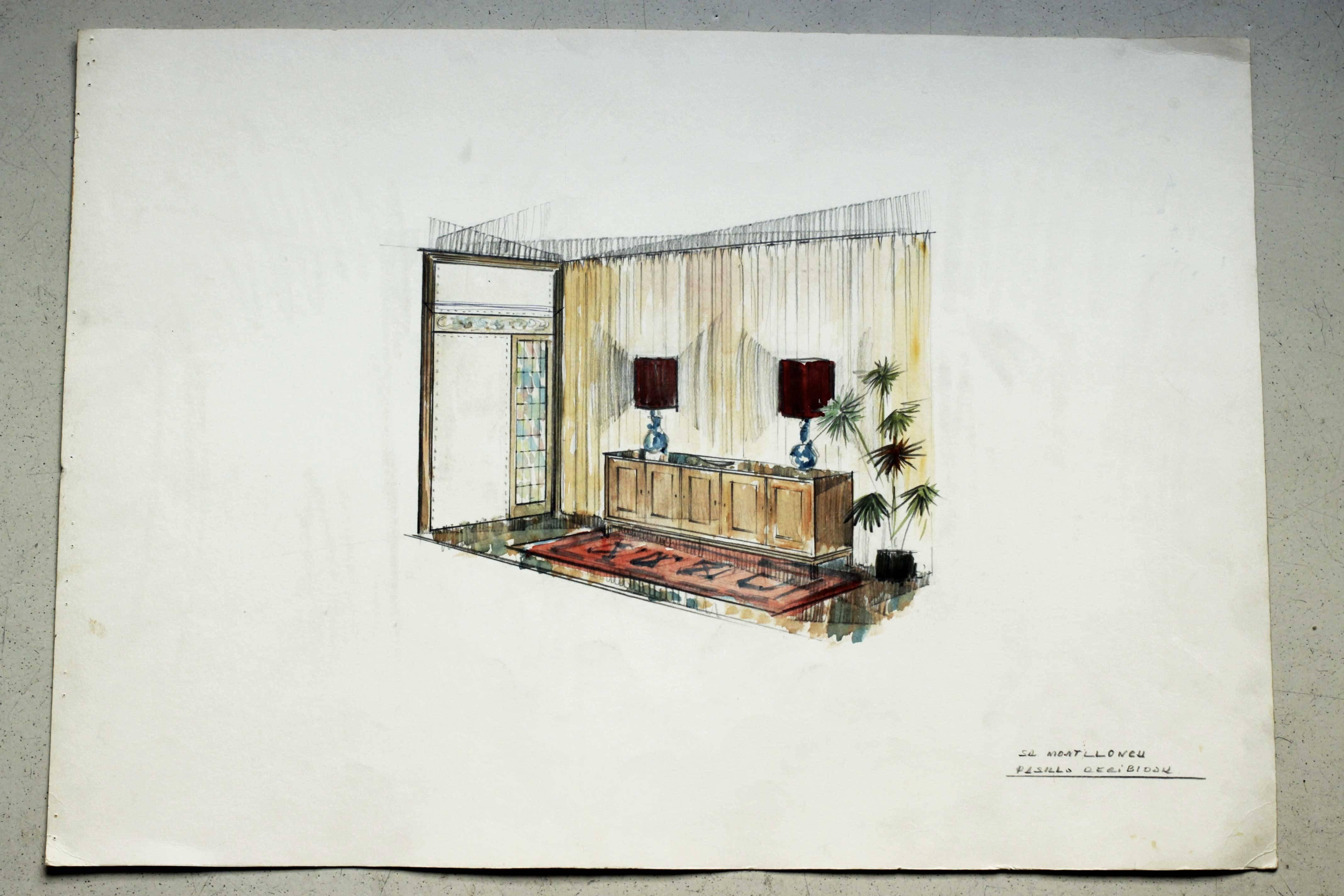 Vintage interior designer work of a bourgeois home made for a Spanish client in the 1970s. Drawing and watercolor techniques on thick paper. Overall good condition, some stains.