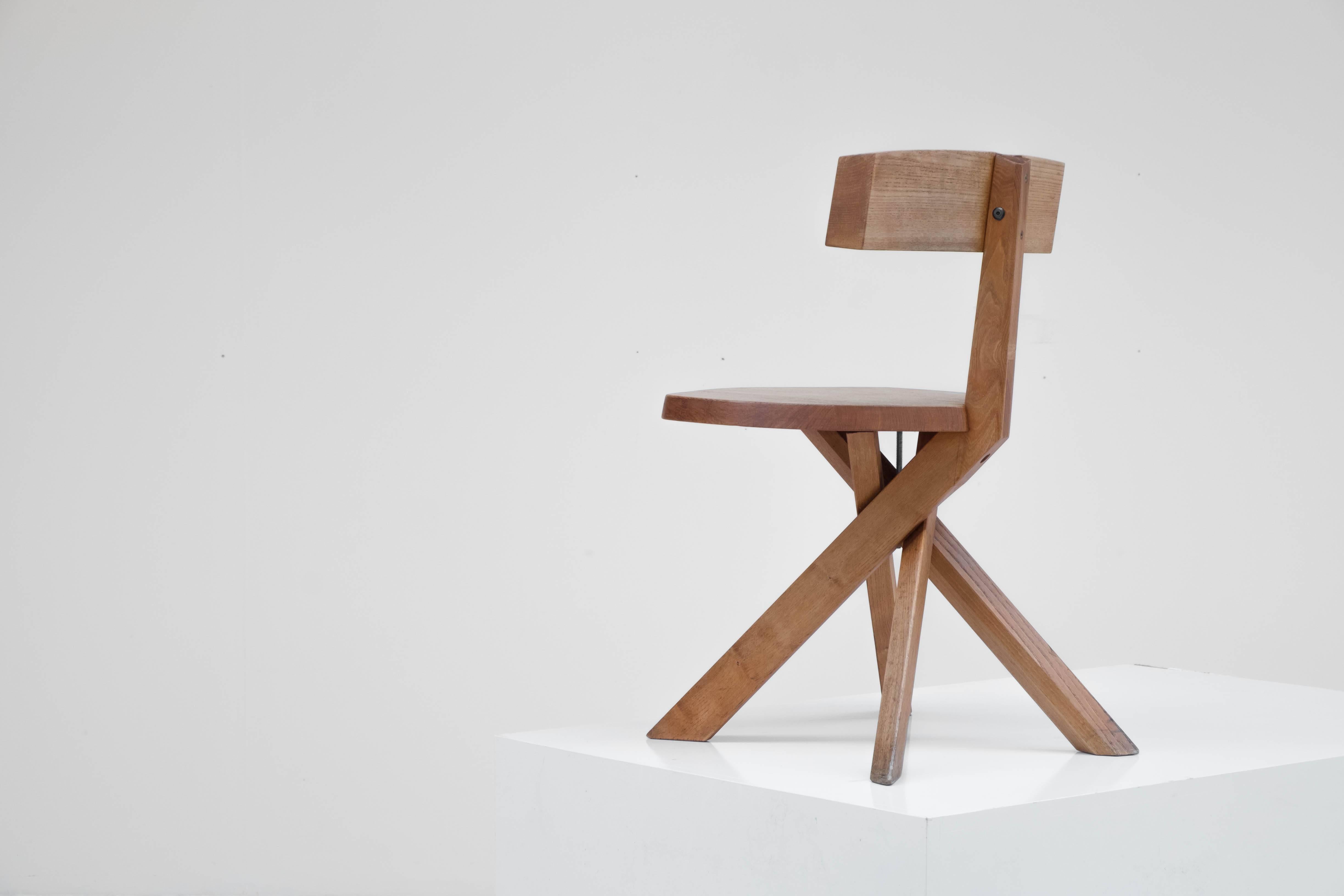 French S34 Chair in Elm by Pierre Chapo, 1970s