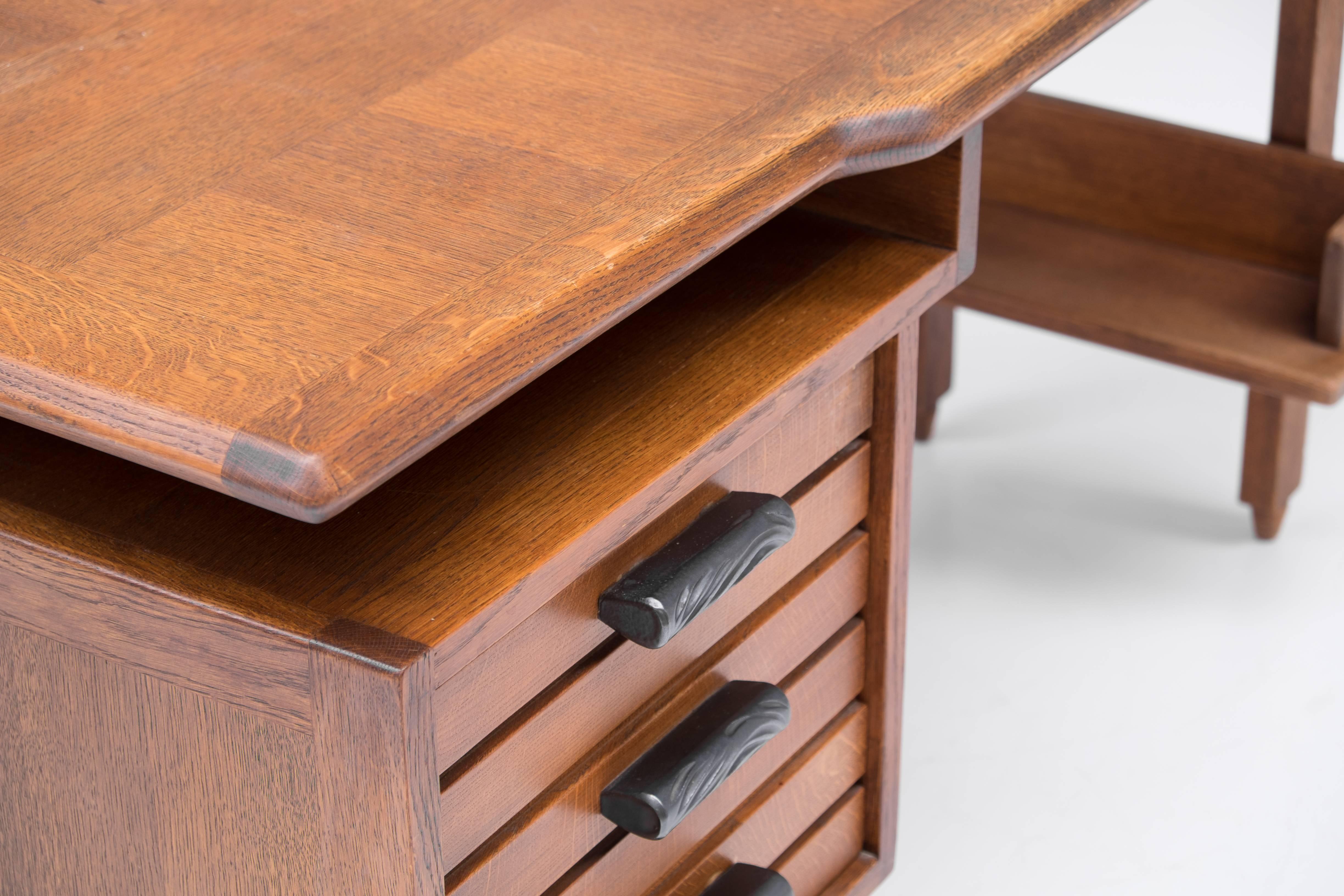 20th Century Guillerme et Chambron Desk in Oak with Ceramic Drawer Pulls, French, 1960s
