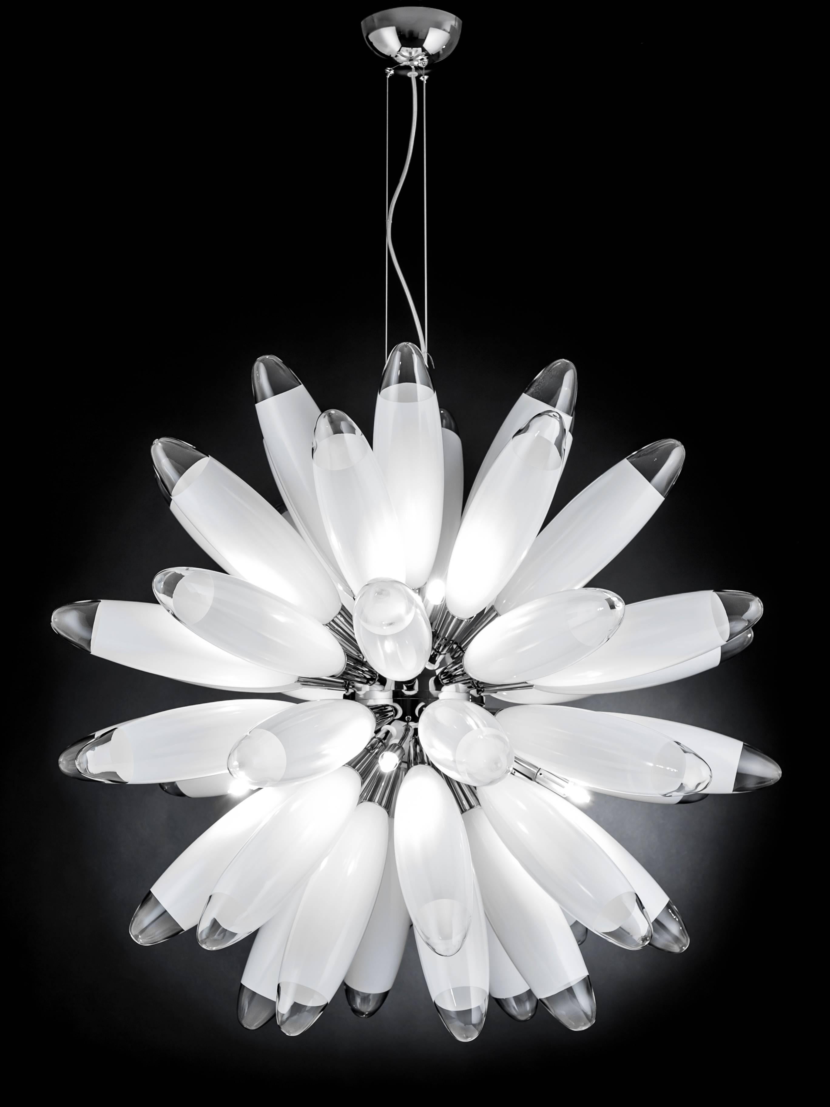 Italian torpedo sputnik chandelier with 48 white blown glasses, mounted on chrome finish metal frame / Designed by Fabio Bergomi for Fabio Ltd / Made in Italy
10 lights / G9 type / max 40W each 
Height: 33.5 inches plus adjustable steel cables and