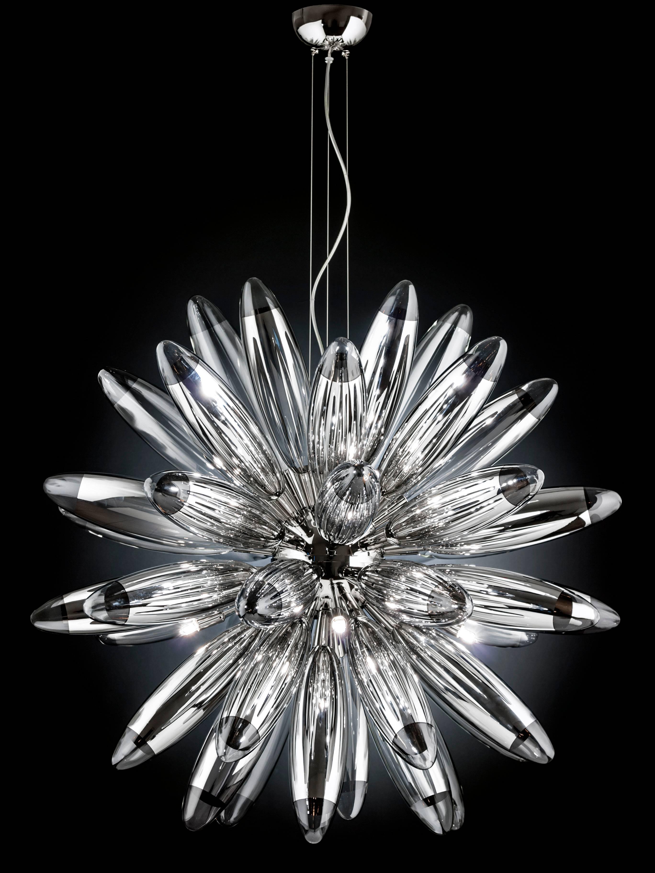 Italian torpedo sputnik chandelier with 48 mirrored blown glasses,  chrome finish metal frame / Designed by Fabio Bergomi for Fabio Ltd / Made in Italy
10 lights / G9 type / max 40W each
Height: 33.5 inches plus cables and canopy / Diameter: 33.5