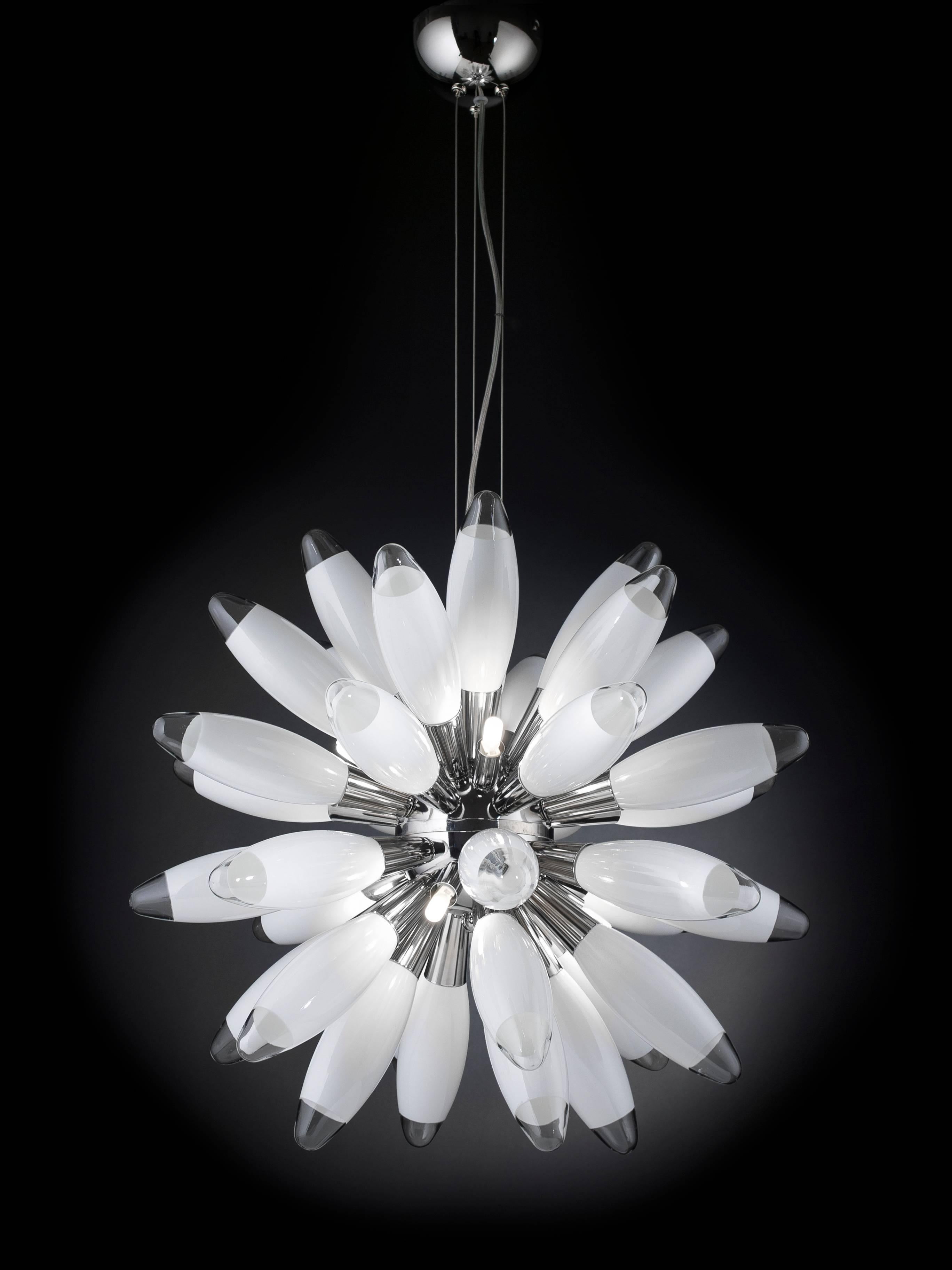 Italian torpedo sputnik chandelier with 36 white hand blown glasses, mounted on chrome finish / Designed by Fabio Bergomi for Fabio Ltd / Made in Italy
6 lights / G9 type / max 40W each
Height: 21.5 inches plus cables and canopy / Diameter: 21.5