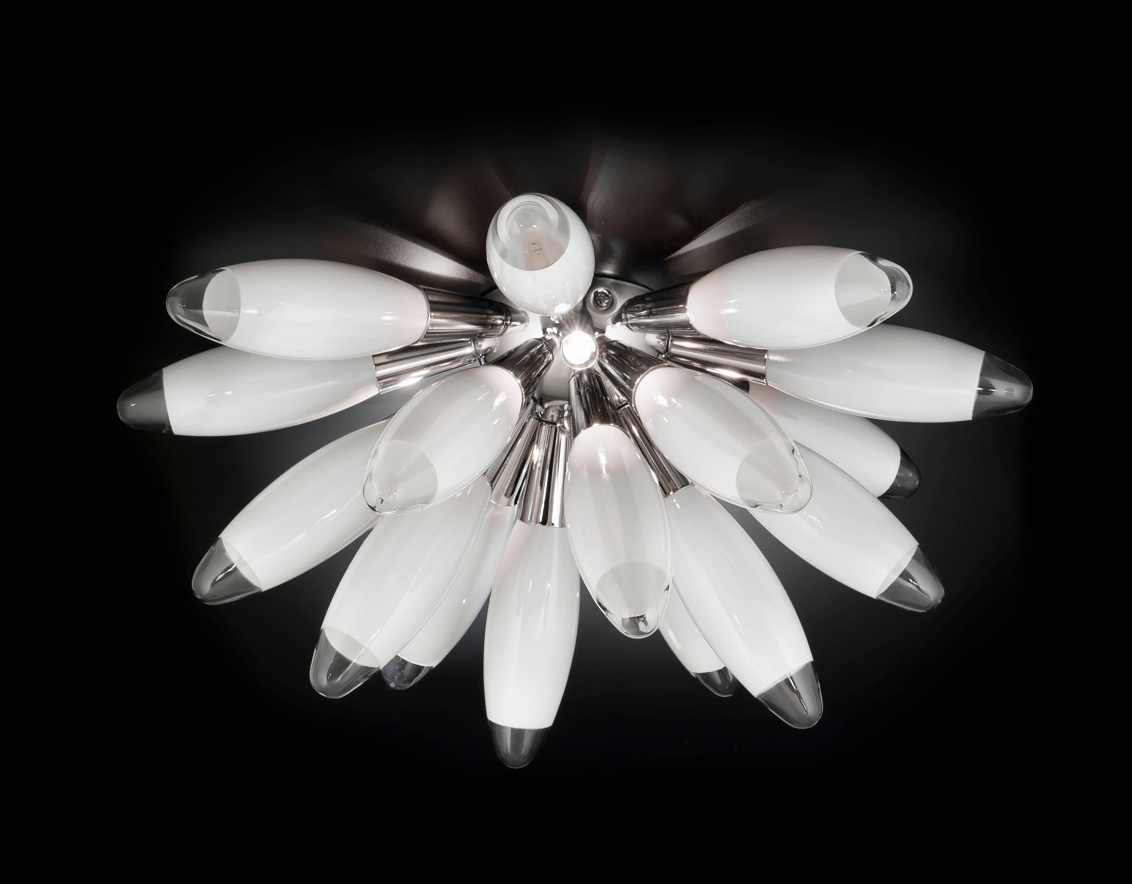 Italian torpedo half sputnik chandelier with 18 white blown glasses, mounted on chrome finish metal frame / Designed by Fabio Bergomi for Fabio Ltd / Made in Italy
3 lights / G9 type / max 40W each
Diameter: 21.5 inches / Height: 10 inches 
Order