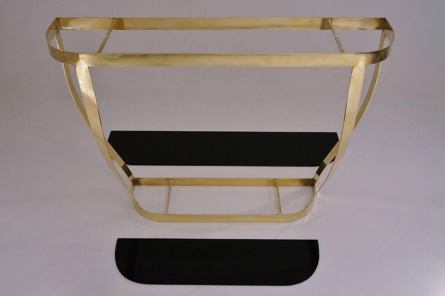 Pair of Console Tables, Solid Brass with Black Glass and Shelf, Italian 5