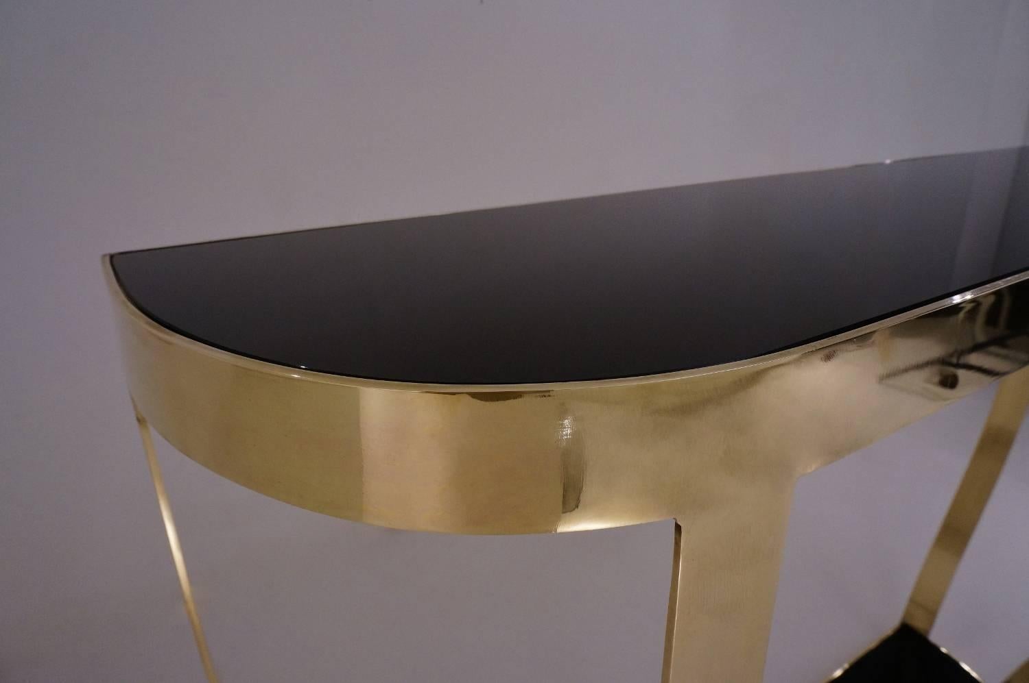Pair of Console Tables, Solid Brass with Black Glass and Shelf, Italian 2