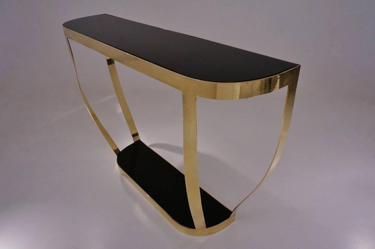 Pair of Console Tables, Solid Brass with Black Glass and Shelf, Italian 3
