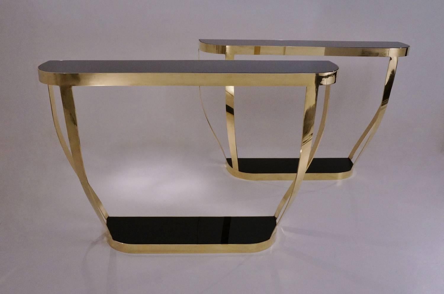 Late 20th Century Pair of Console Tables, Solid Brass with Black Glass and Shelf, Italian
