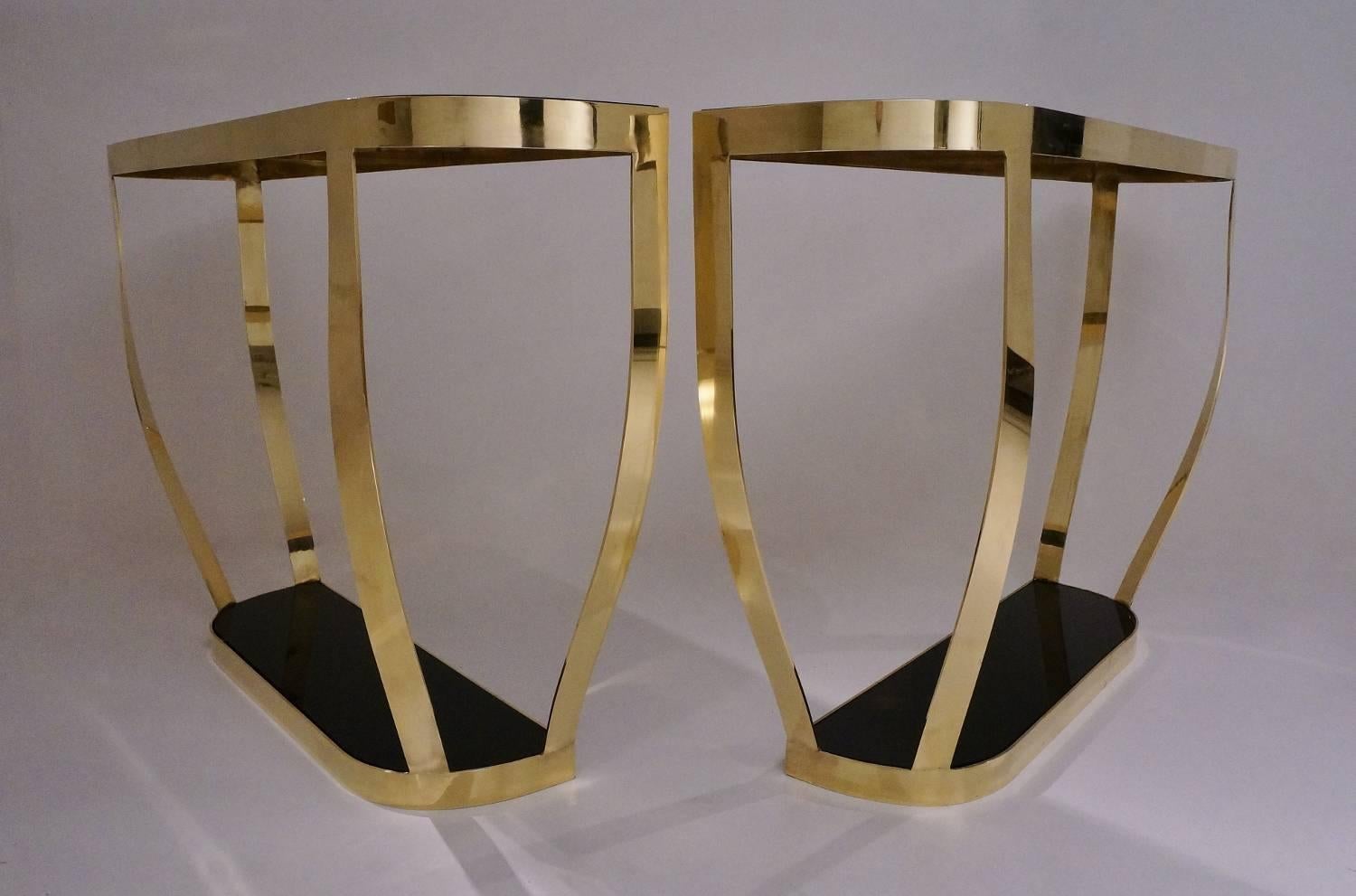 Art Deco Pair of Console Tables, Solid Brass with Black Glass and Shelf, Italian