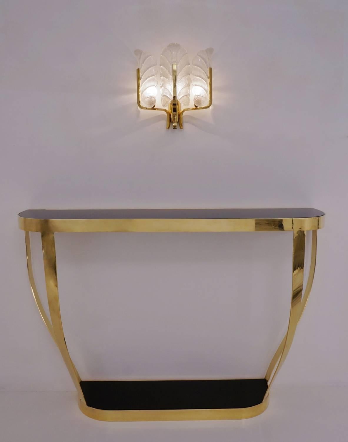 Pair of Console Tables, Solid Brass with Black Glass and Shelf, Italian 1