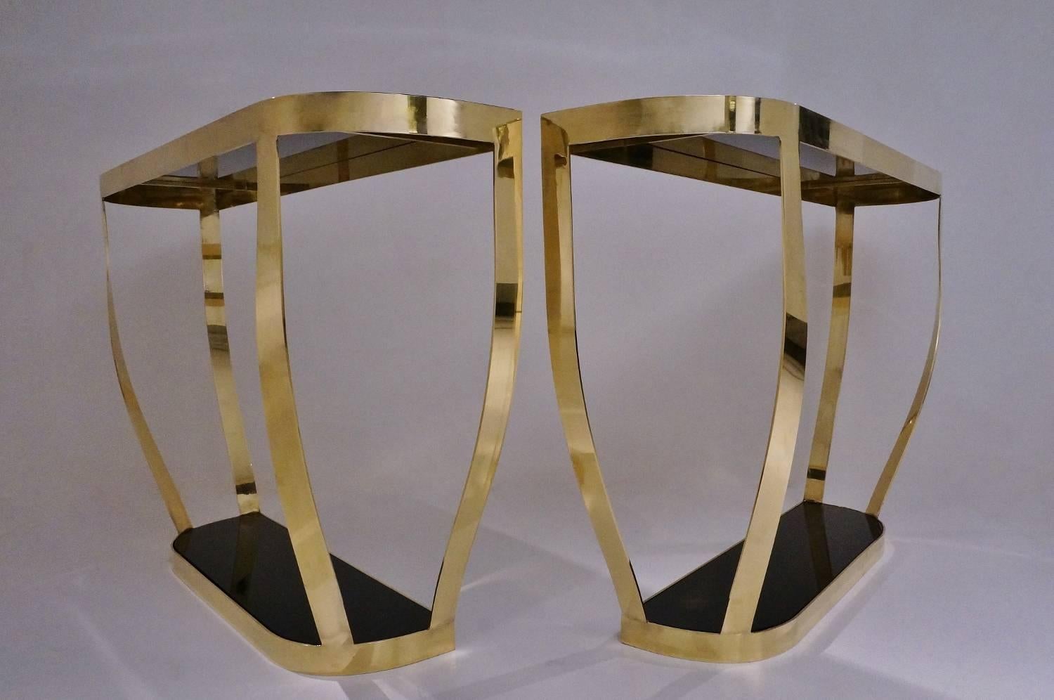 Pair of Console Tables, Solid Brass with Black Glass and Shelf, Italian In Good Condition In London, GB