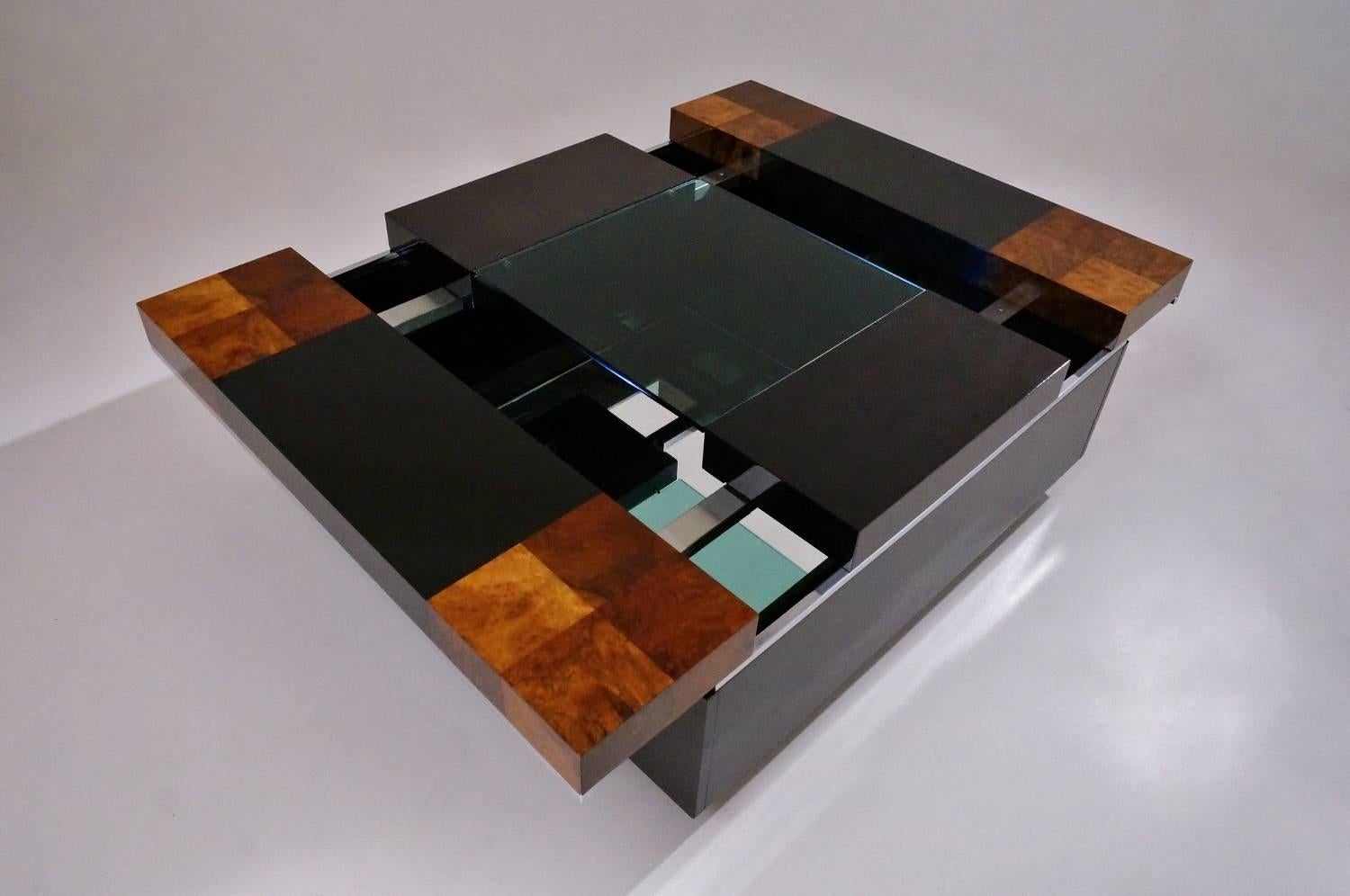 Post-Modern Willy Rizzo bar table, burl wood, glass, chrome, 1970`s, Italian