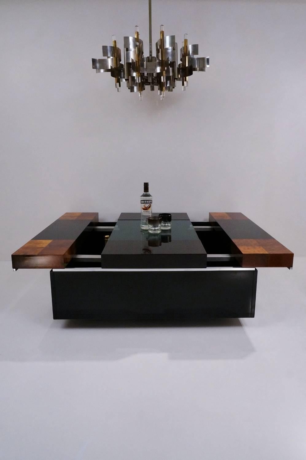 Veneer Willy Rizzo bar table, burl wood, glass, chrome, 1970`s, Italian