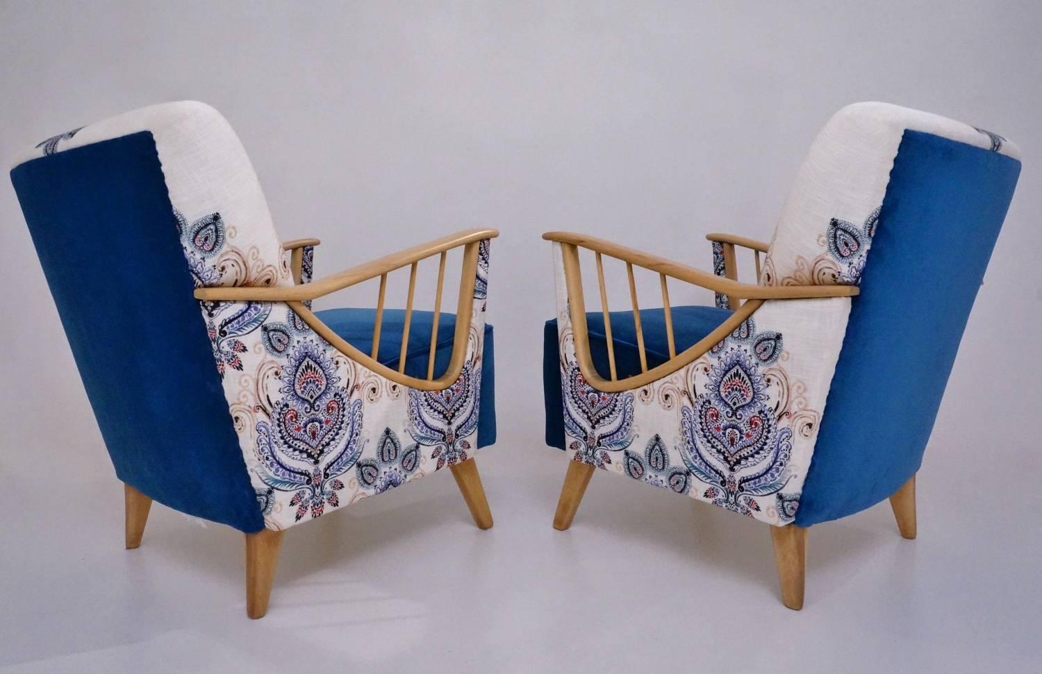 Mid-Century Modern Ercol Windsor Armchairs, a Pair, Newly Upholstered, circa 1950s, English