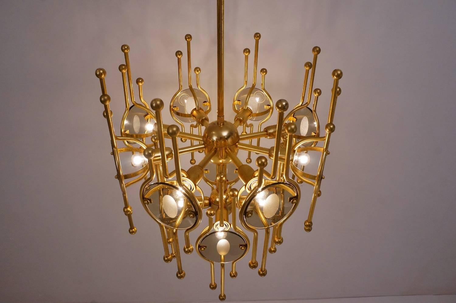 Late 20th Century Sciolari Chandelier Twelve Lights, Gold Gilt and Glass, 1970s, Italian