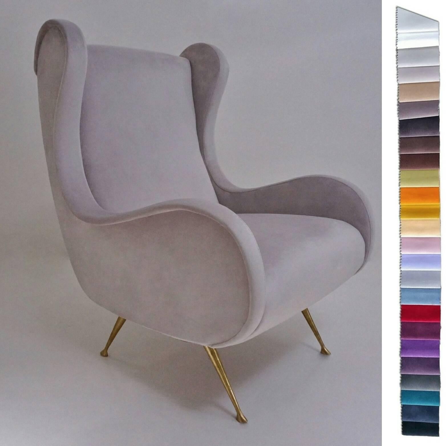 Marco Zanuso Senior armchair, Contemporary Collection 1950s style. 

In new Ivory colour velvet upholstery with solid handmade brass legs, Italian. Made exclusively for Roomscape`s Contemporary Collection.

This armchair is available to order and