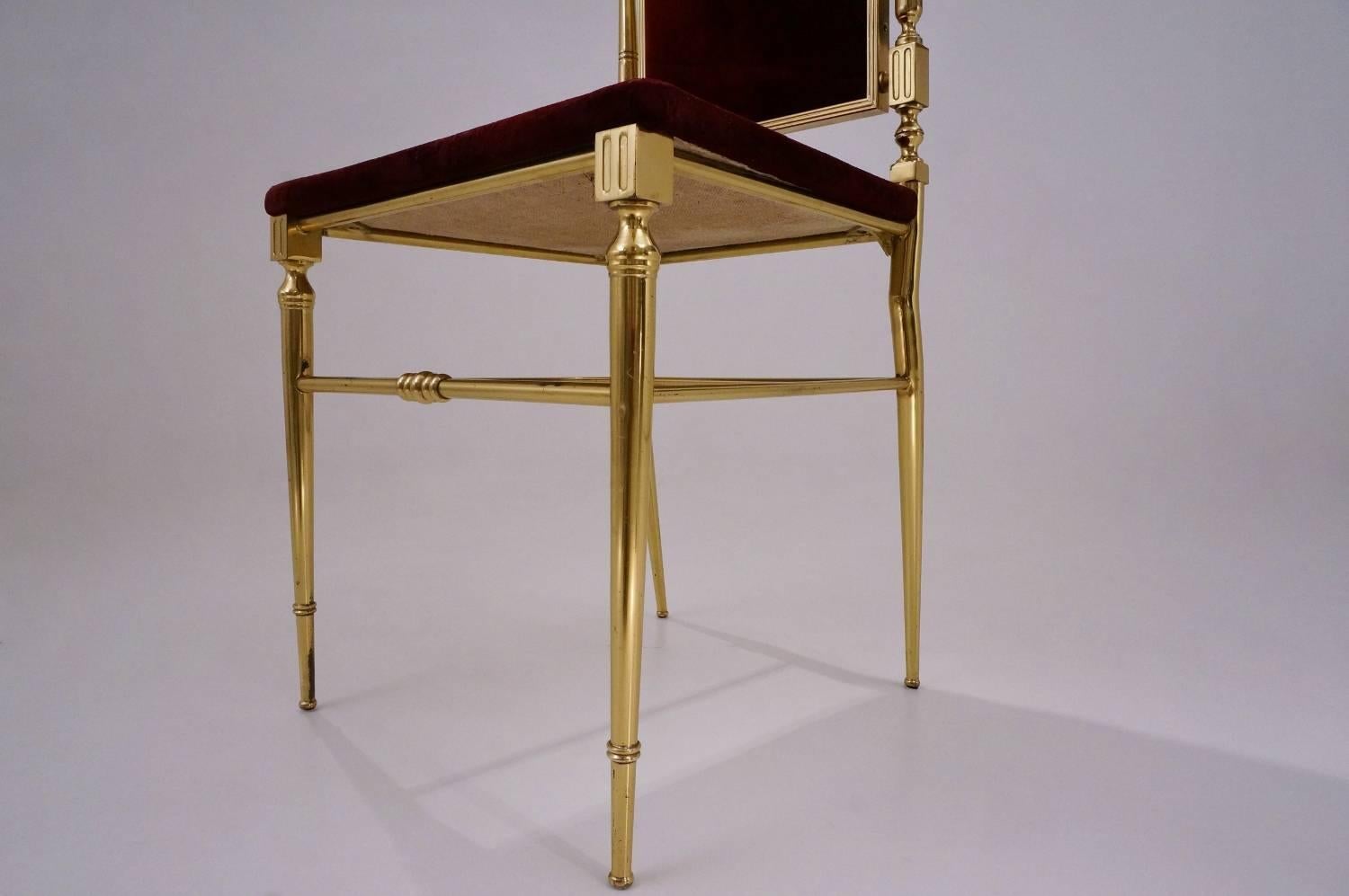 Velvet Neoclassical Brass Chair, French, circa 1950s
