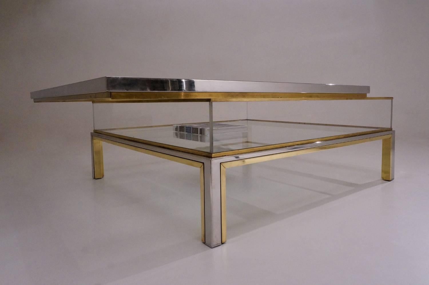 Romeo Rega Signed Coffee Table Sliding Top, Brass and Chrome, 1970s 1