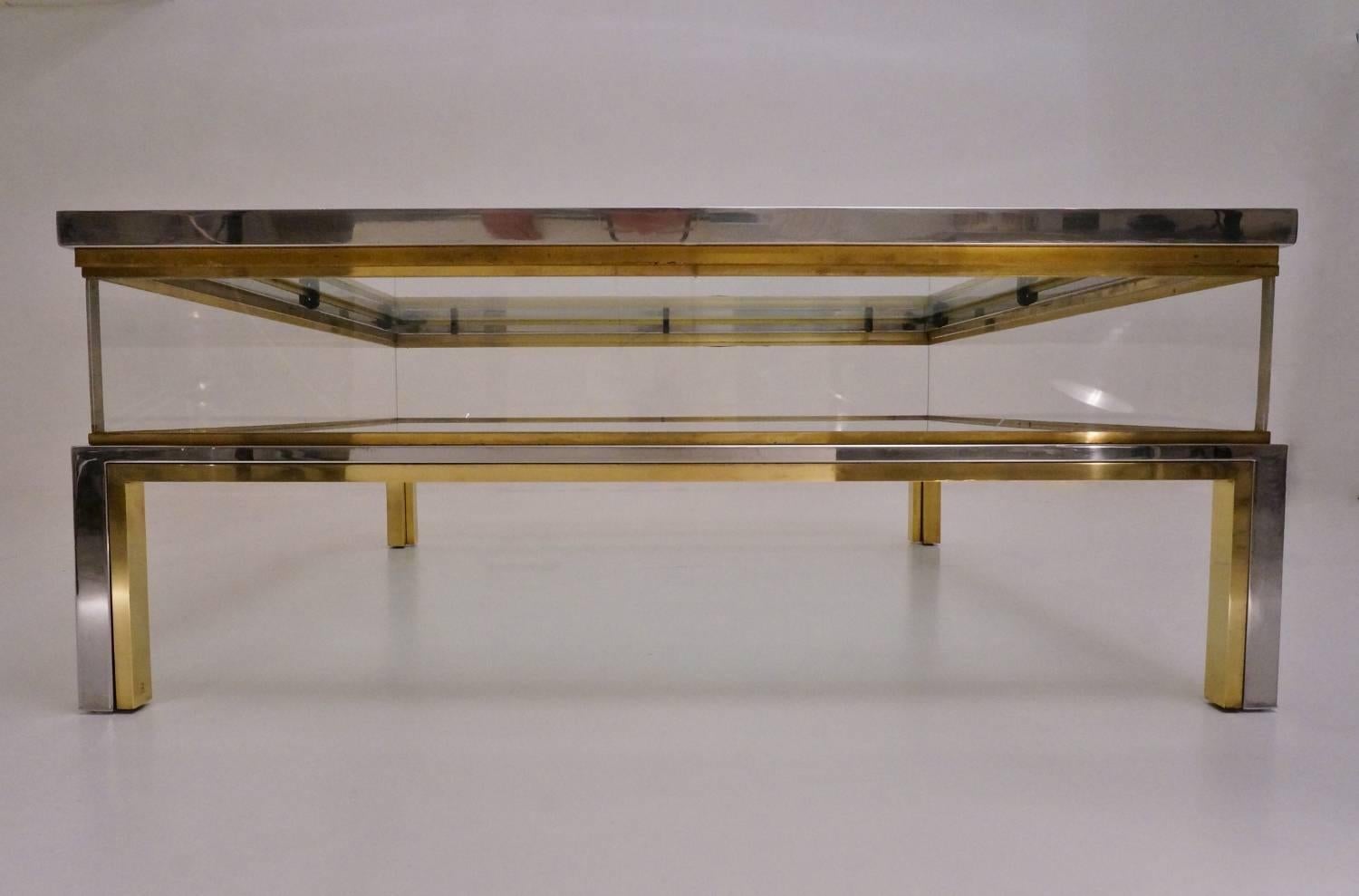 Romeo Rega Signed Coffee Table Sliding Top, Brass and Chrome, 1970s 3