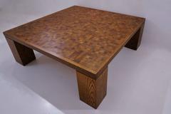 Milo Baughman Brutalist Coffee Table, Patchwork Oak, circa 1970s, American