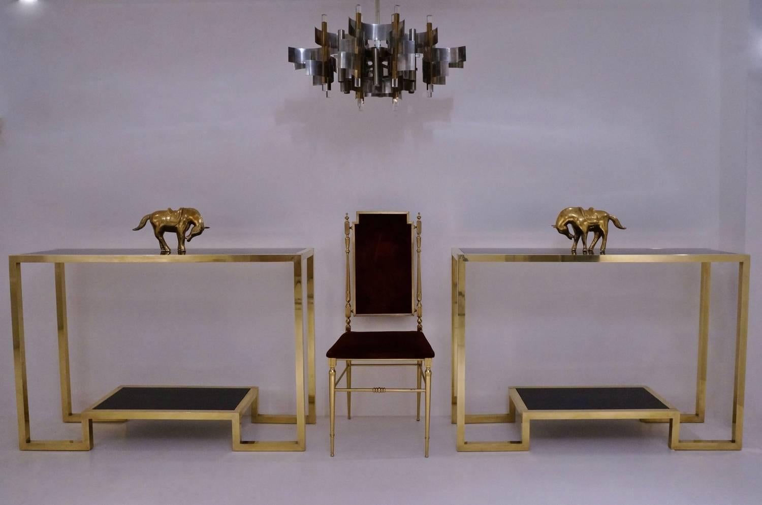 Lacquered Pair of Brass Console Tables with Black Lacquer Guy Lefevre, French