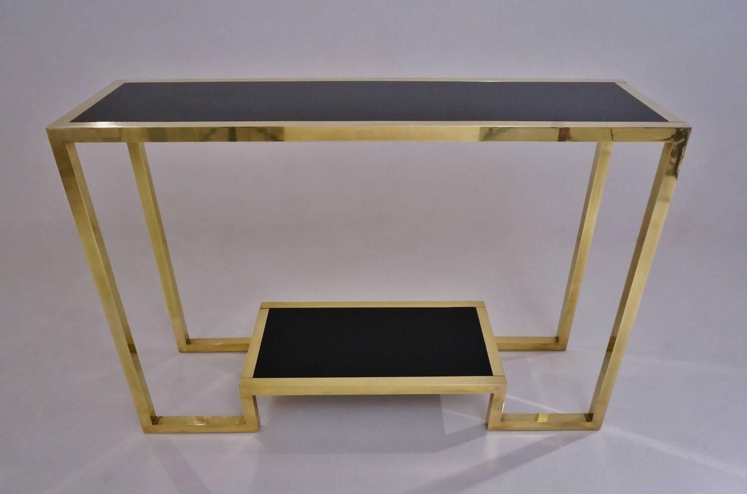 Pair of Brass Console Tables with Black Lacquer Guy Lefevre, French 4