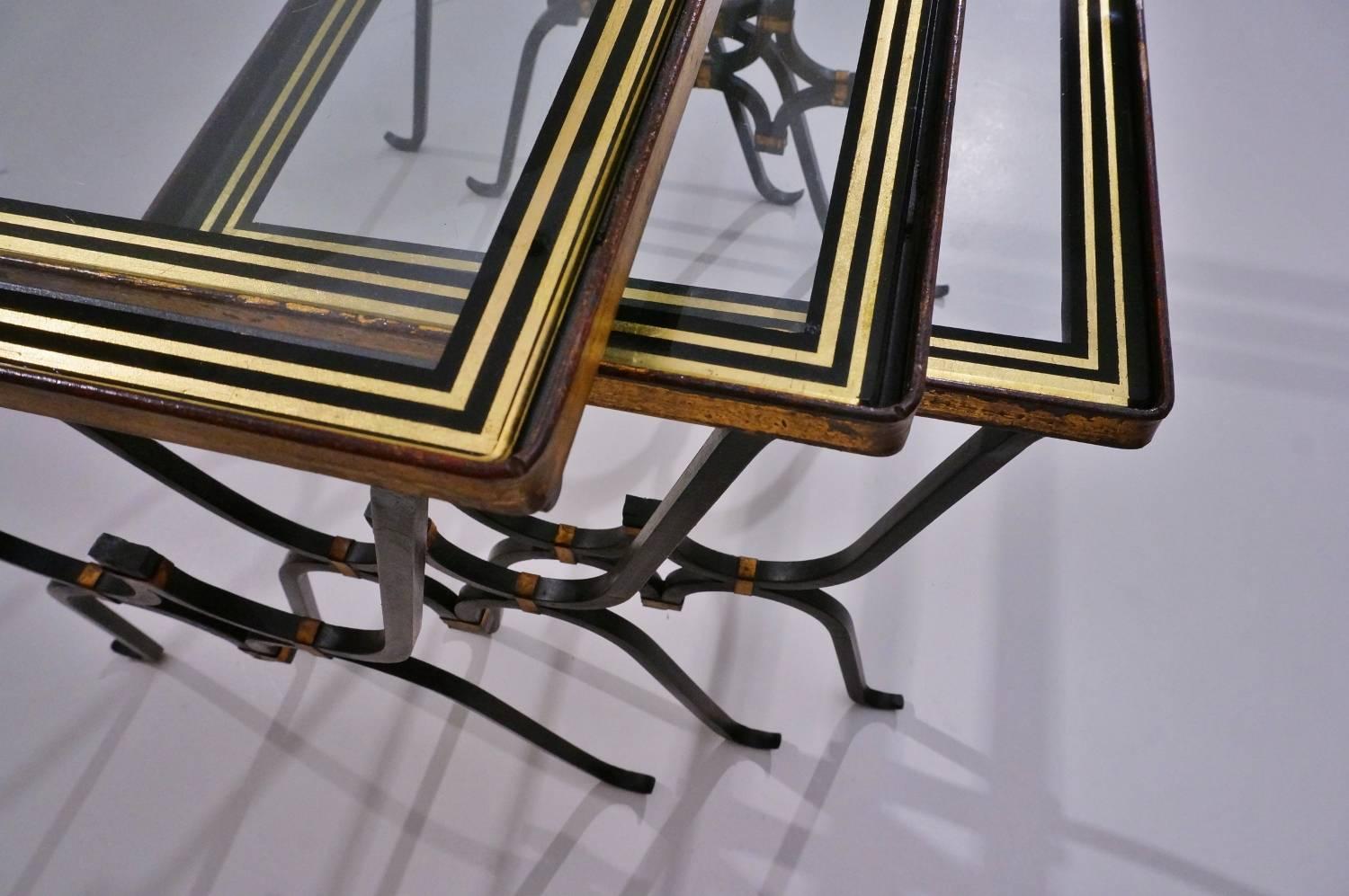 Art Deco Rene Drouet Nesting Tables, Gilt Iron and Gold Leaf Glass Tops, French