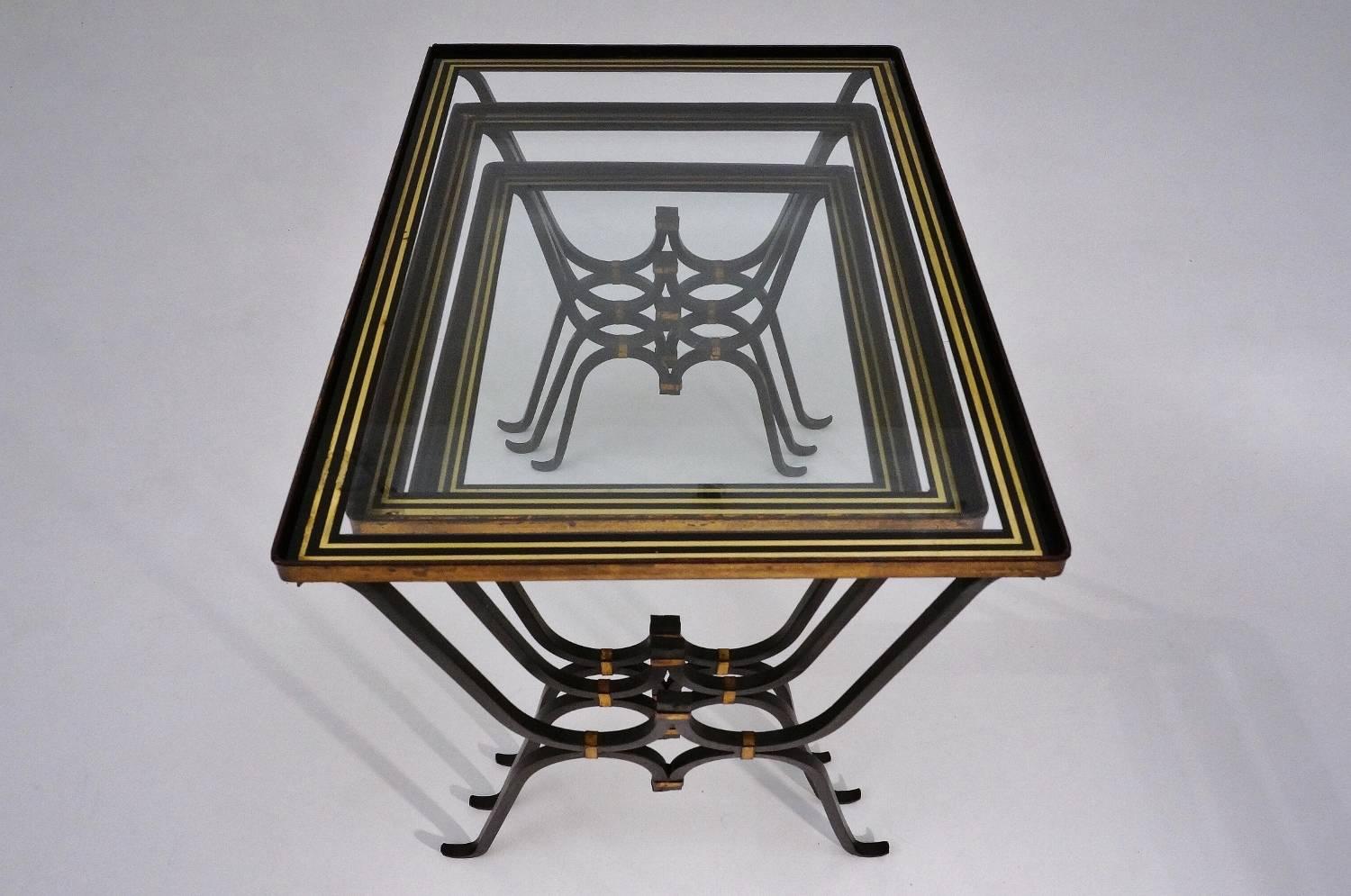 Mid-20th Century Rene Drouet Nesting Tables, Gilt Iron and Gold Leaf Glass Tops, French