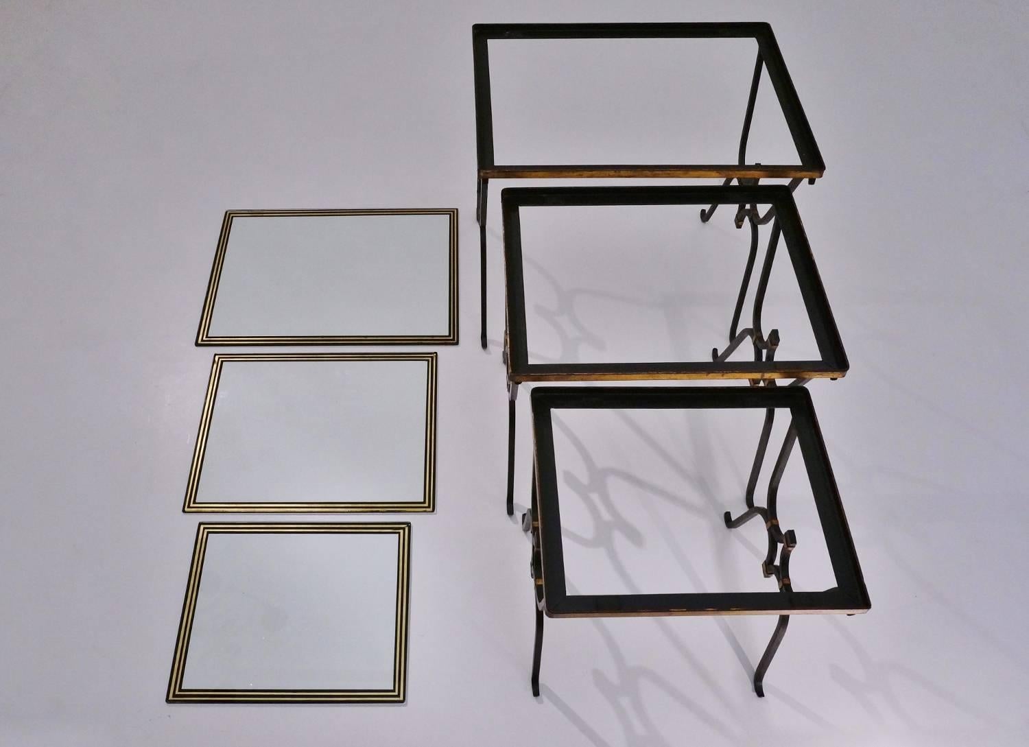 Rene Drouet Nesting Tables, Gilt Iron and Gold Leaf Glass Tops, French 4