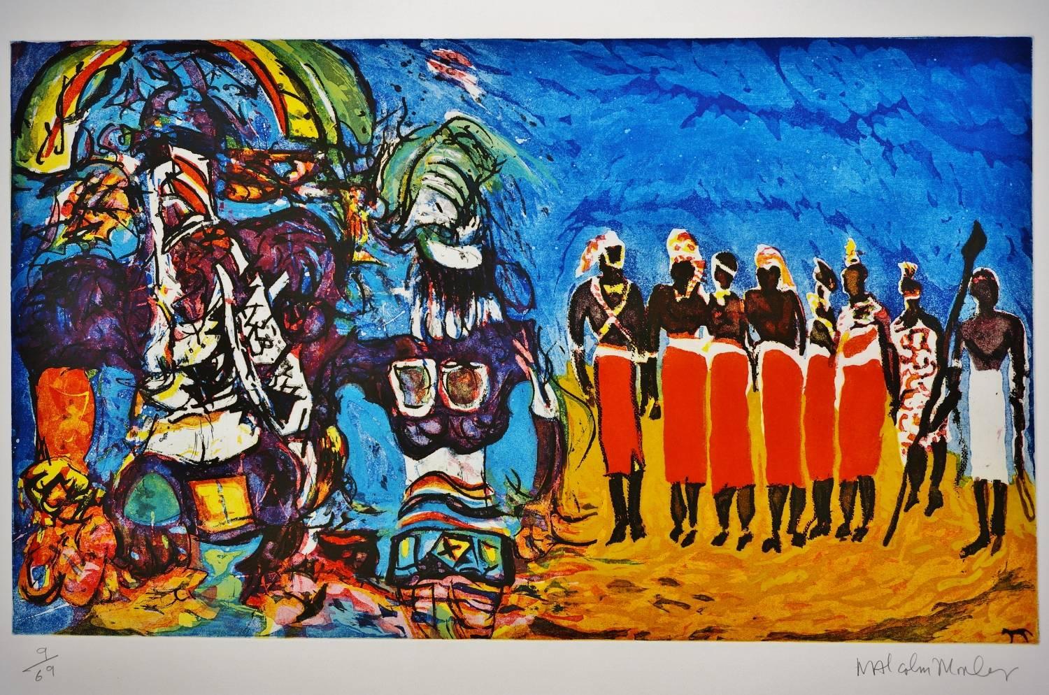 Malcolm Morley print 'Kachina and Masai Ritual' original unframed print from the 'Odysseys of Enoch Suite', 1986, USA. Aquatint and etching, signed in pencil and numbered 9/69 along with the studio stamp. Very good condition.
The 'Odysseys of Enoch