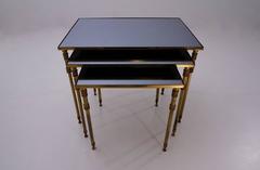 Maison Jansen Nesting Tables a Trio Brass Frames and Blue Mirror, 1950s, French