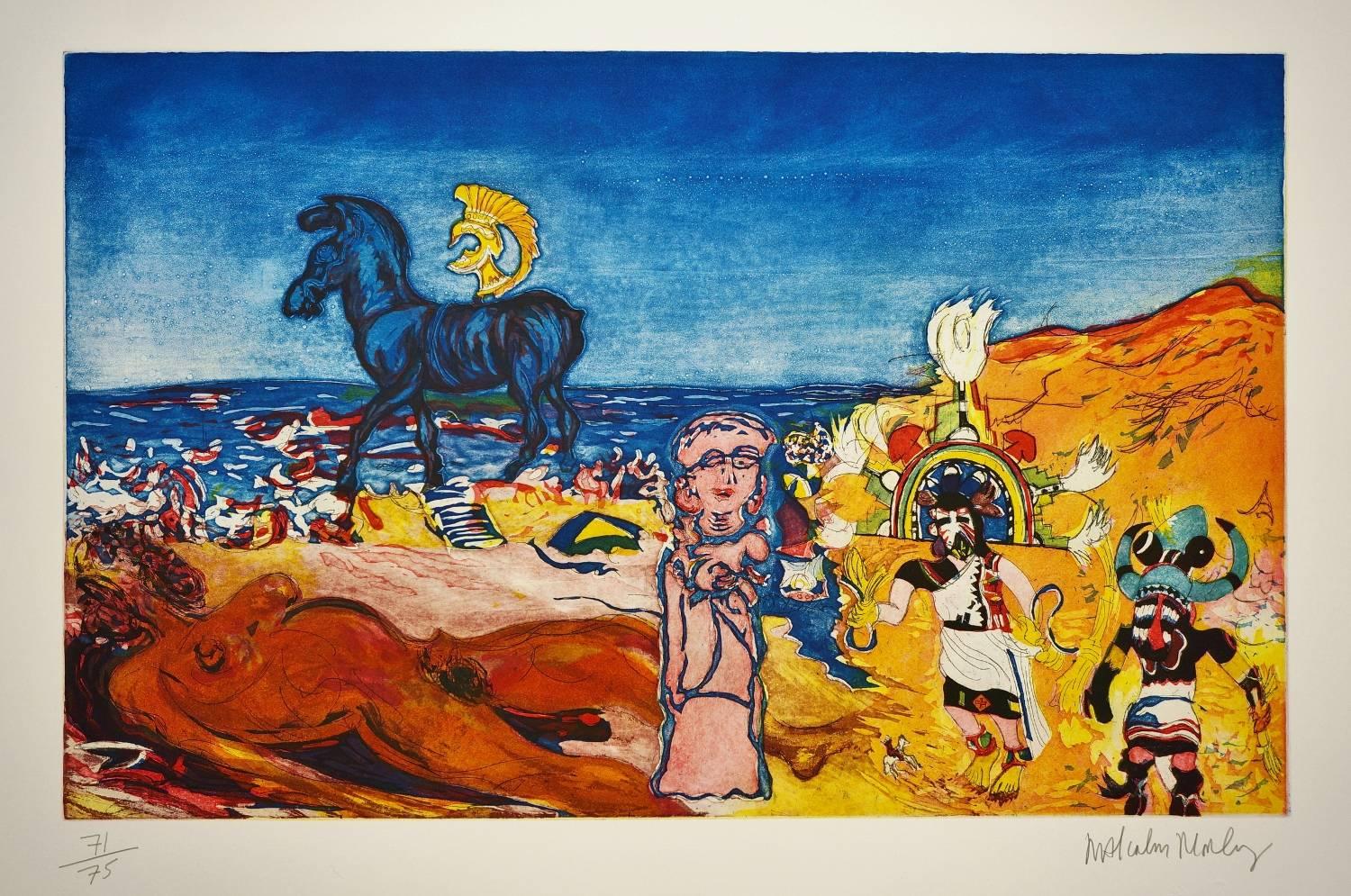 Malcolm Morley print ‘Cradle of Civilization with American Woman’ original unframed print from the `Fallacies of Enoch`, 1984, USA. Malcolm Morley’s sensual painting, inspired by his 1982 visit to Greece, is indicative of new morals in particular