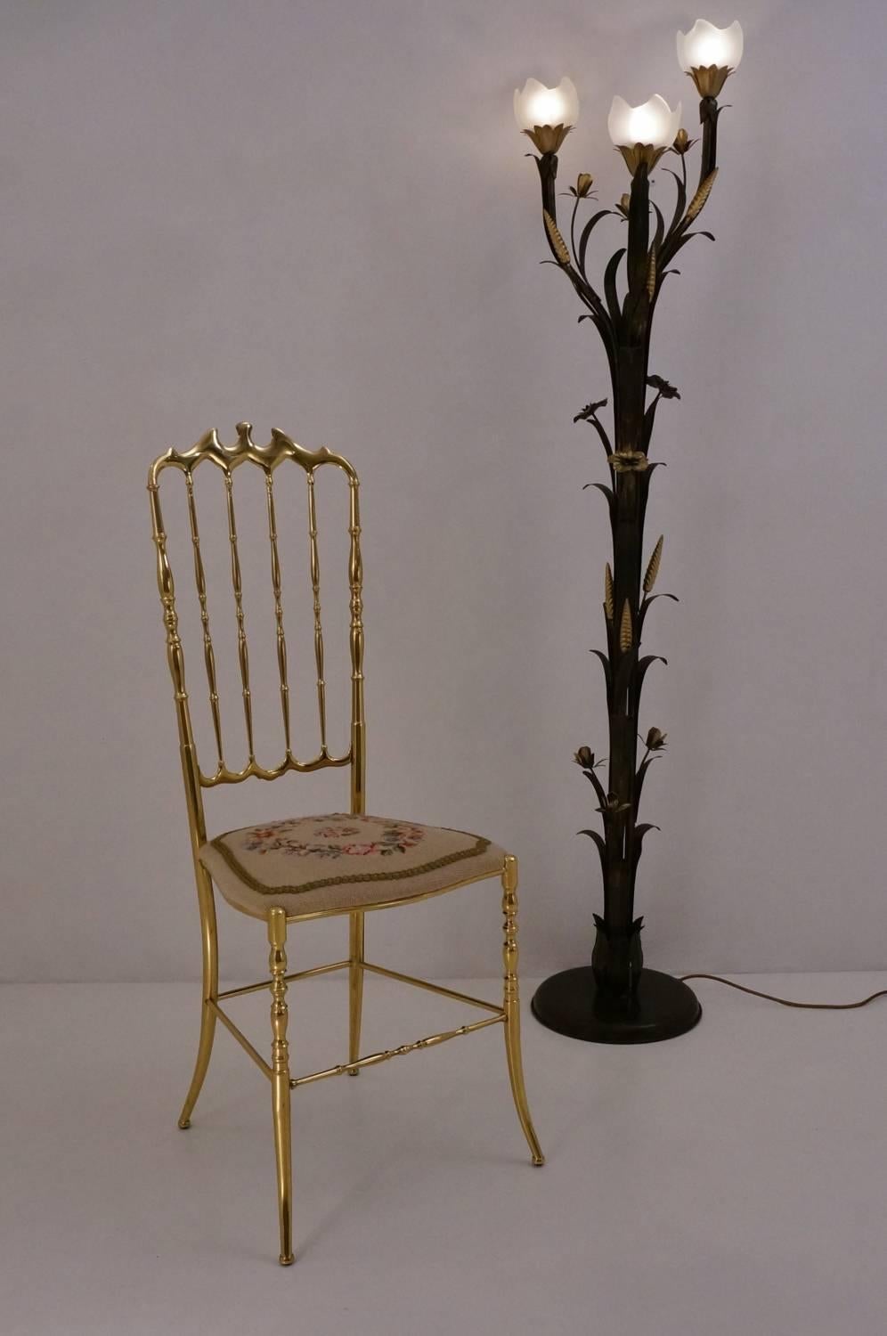 Neoclassical Chiavari Solid Brass Chair, Needle Point Seat and High Back, circa 1950s Italian