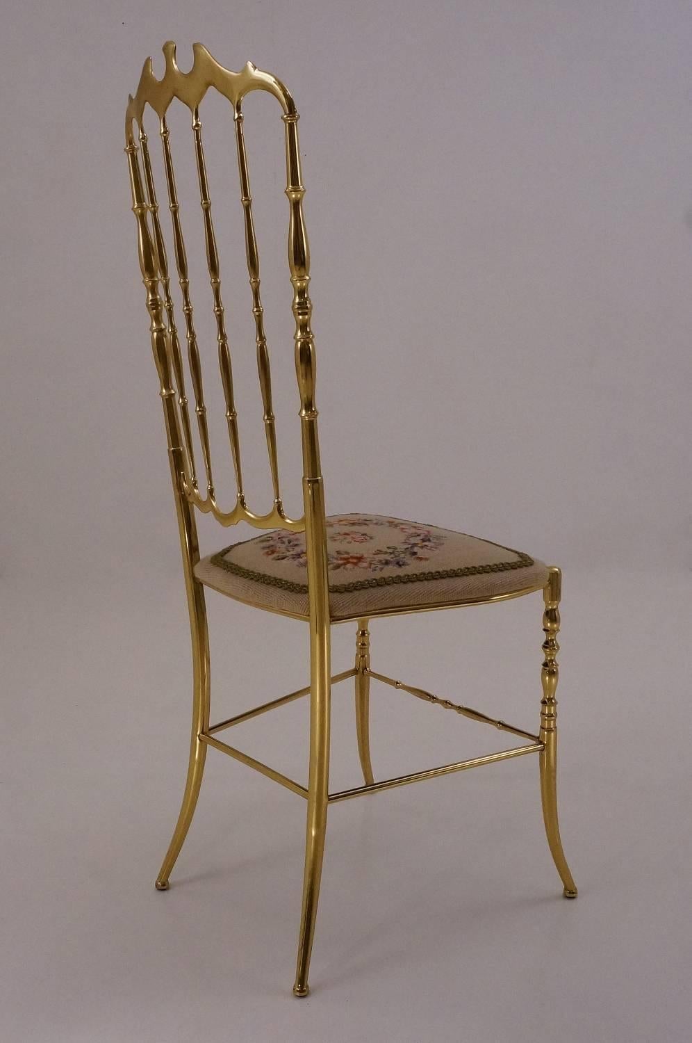 Needlepoint Chiavari Solid Brass Chair, Needle Point Seat and High Back, circa 1950s Italian