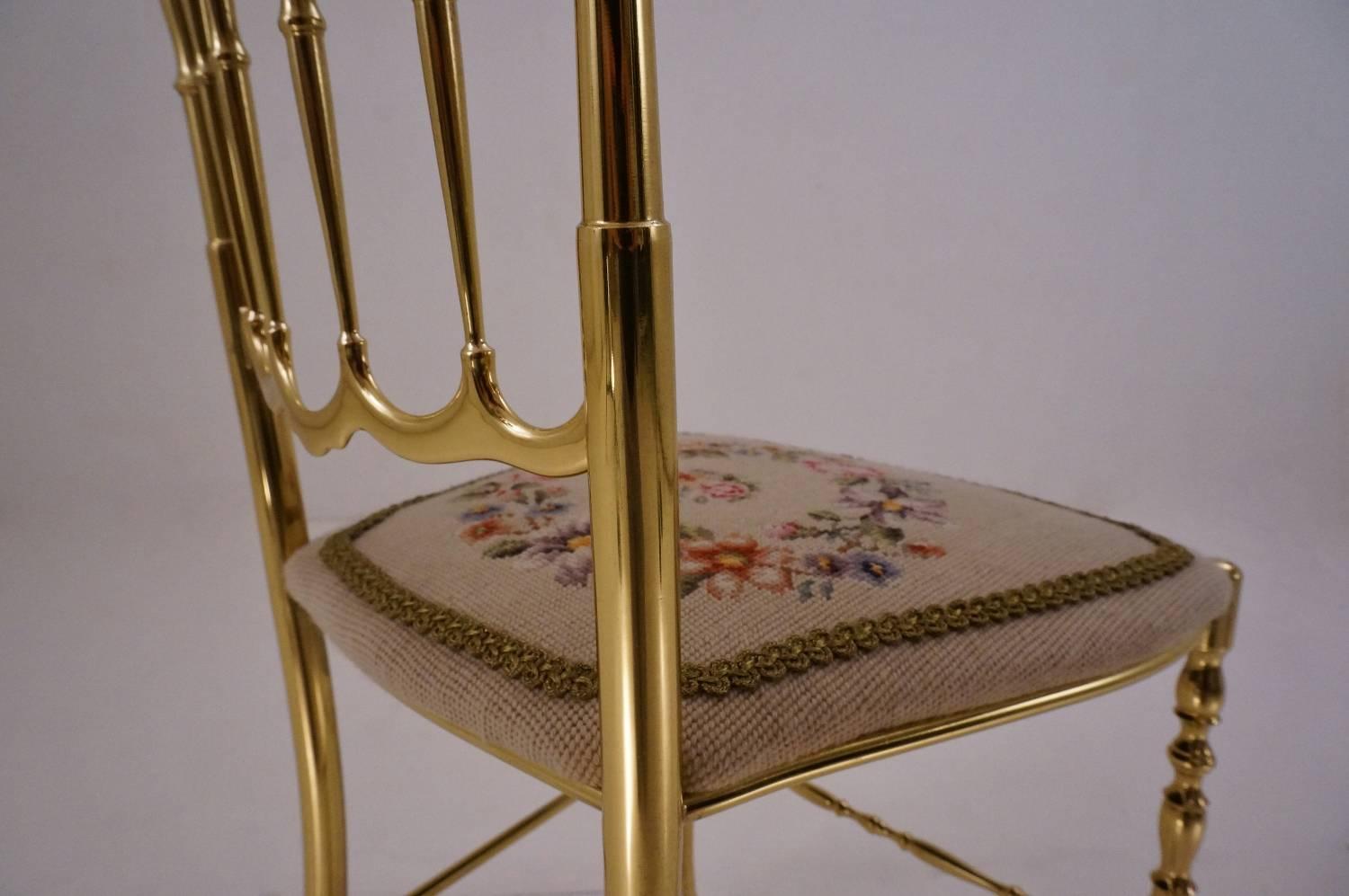 20th Century Chiavari Solid Brass Chair, Needle Point Seat and High Back, circa 1950s Italian