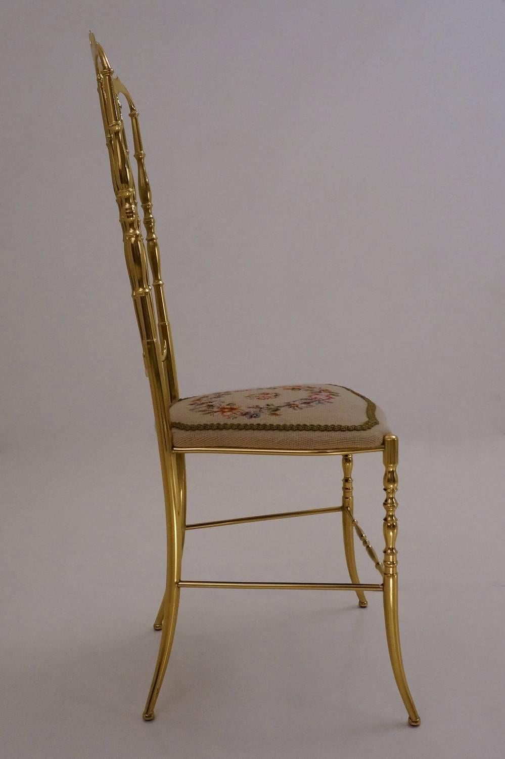 Chiavari Solid Brass Chair, Needle Point Seat and High Back, circa 1950s Italian 1