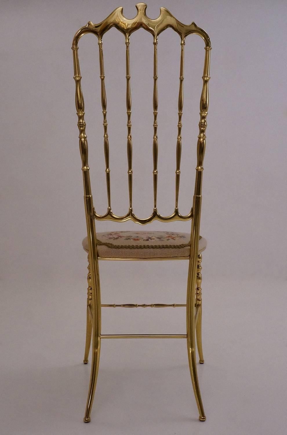 Chiavari Solid Brass Chair, Needle Point Seat and High Back, circa 1950s Italian 2