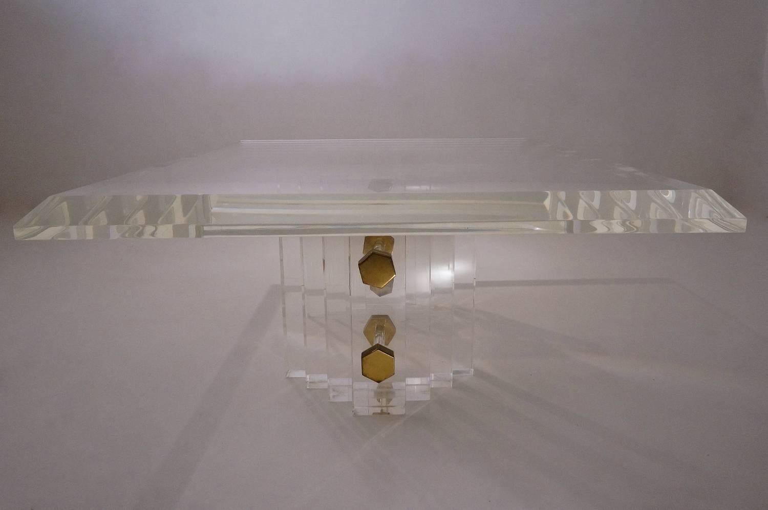 Post-Modern Charles Hollis Jones Table, Lucite with Brass Bolt Details, circa 1980s American