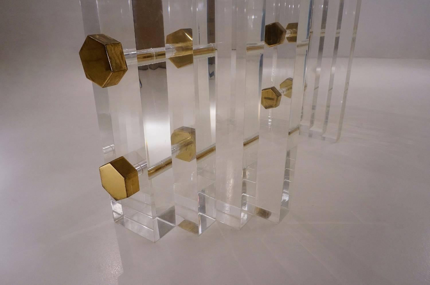 Charles Hollis Jones Table, Lucite with Brass Bolt Details, circa 1980s American 1