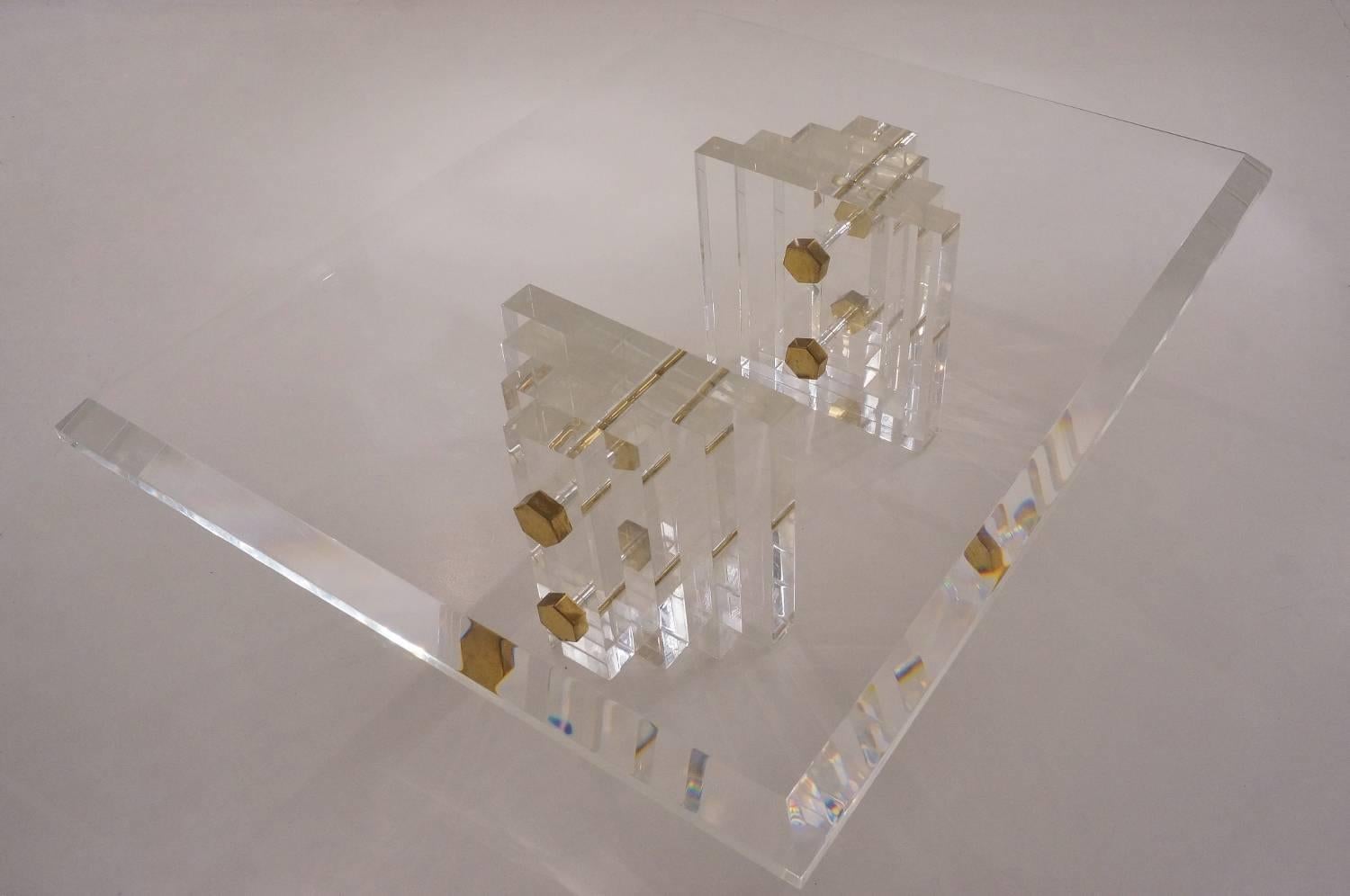 Charles Hollis Jones Table, Lucite with Brass Bolt Details, circa 1980s American 2