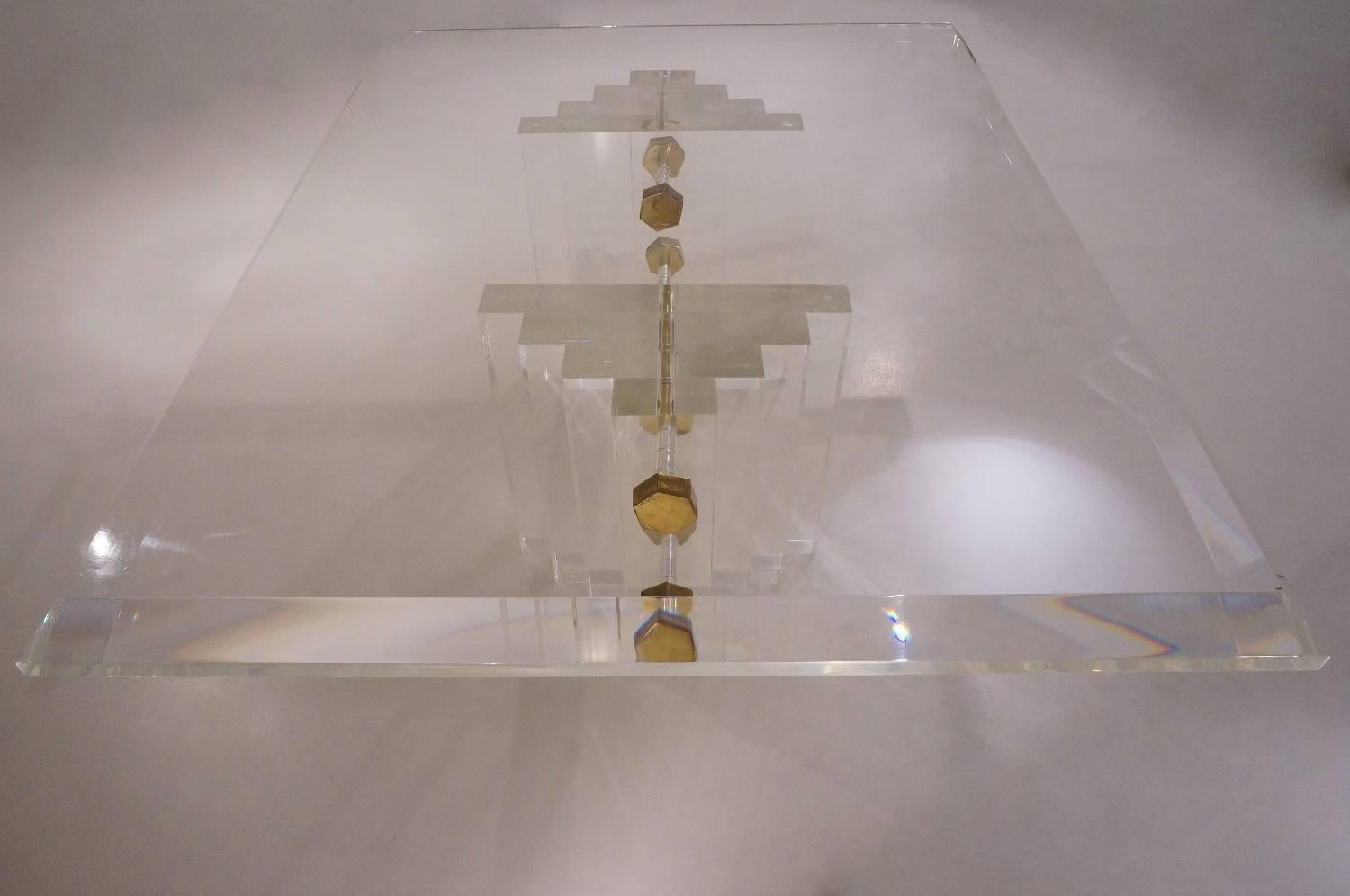Charles Hollis Jones Table, Lucite with Brass Bolt Details, circa 1980s American 3