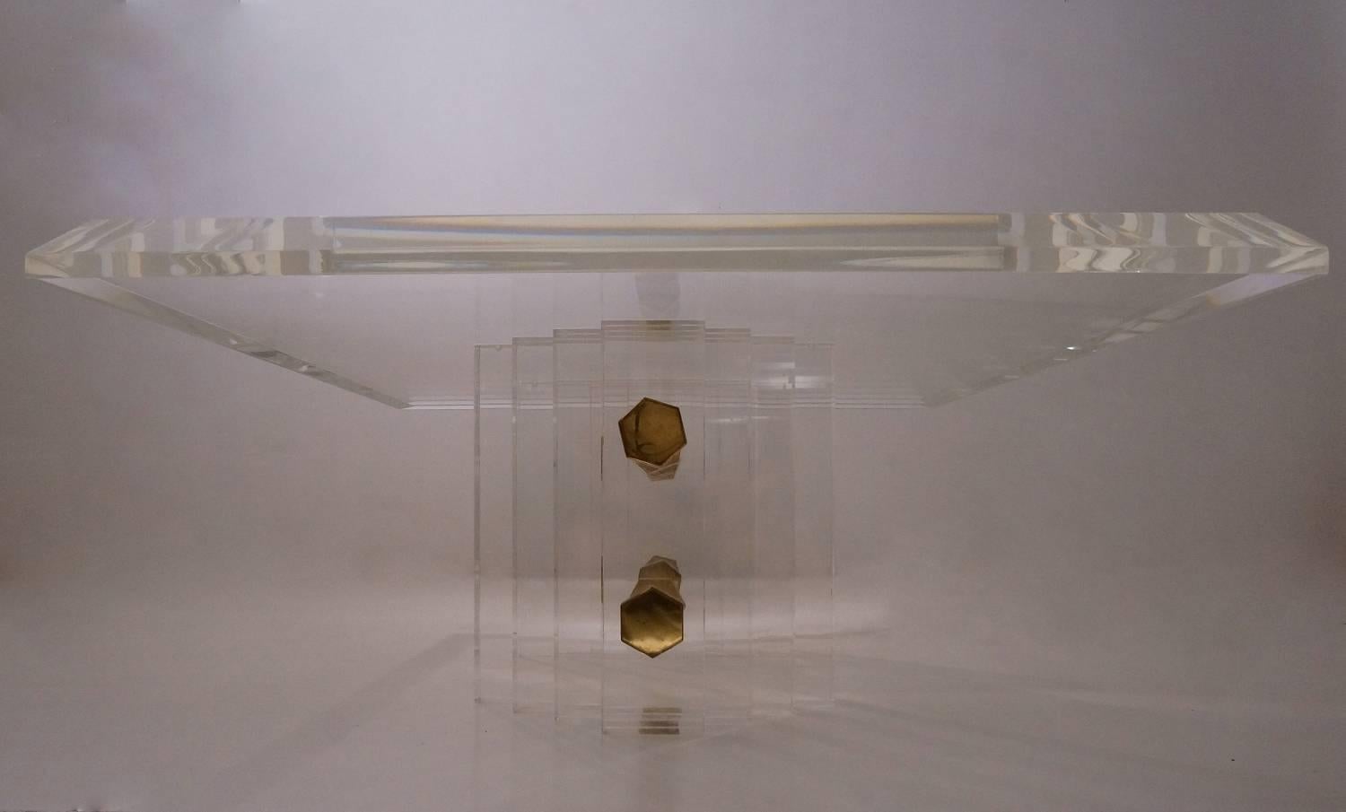 Charles Hollis Jones Table, Lucite with Brass Bolt Details, circa 1980s American 4