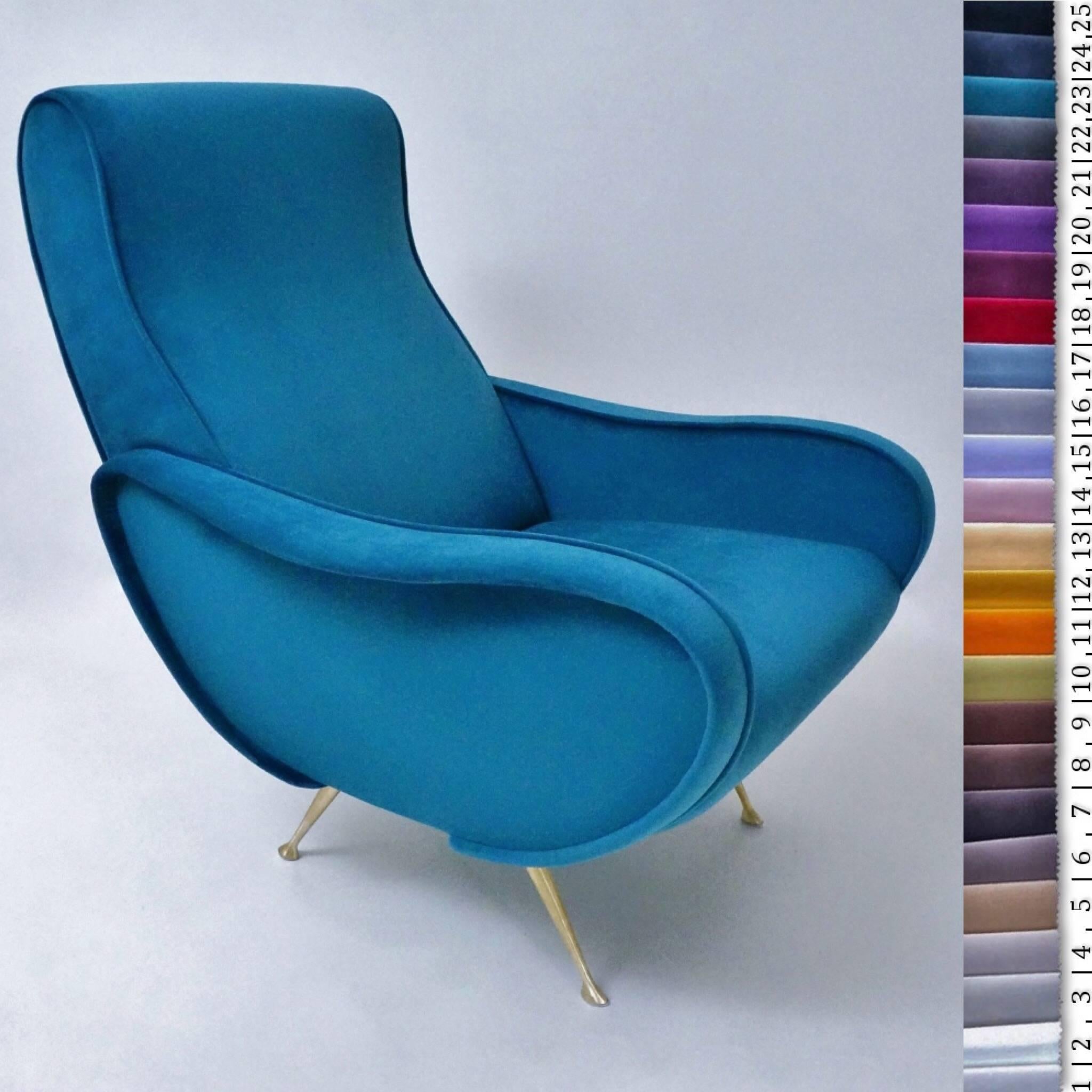 1950s style armchair newly made to order in a choice of 25 colors, Italian.

In new teal velvet upholstery with solid handmade brass legs, Italian this armchair is made to order in Italy for Roomscape`s Contemporary Collection.

Available to