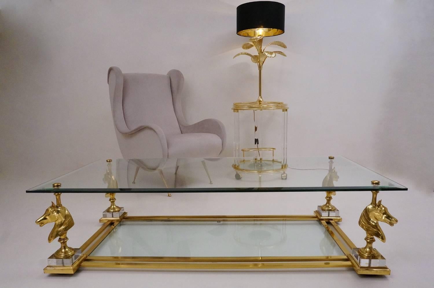 Glass Maison Charles Cheval Coffee Table, Brass and Lucite, circa 1970s, French