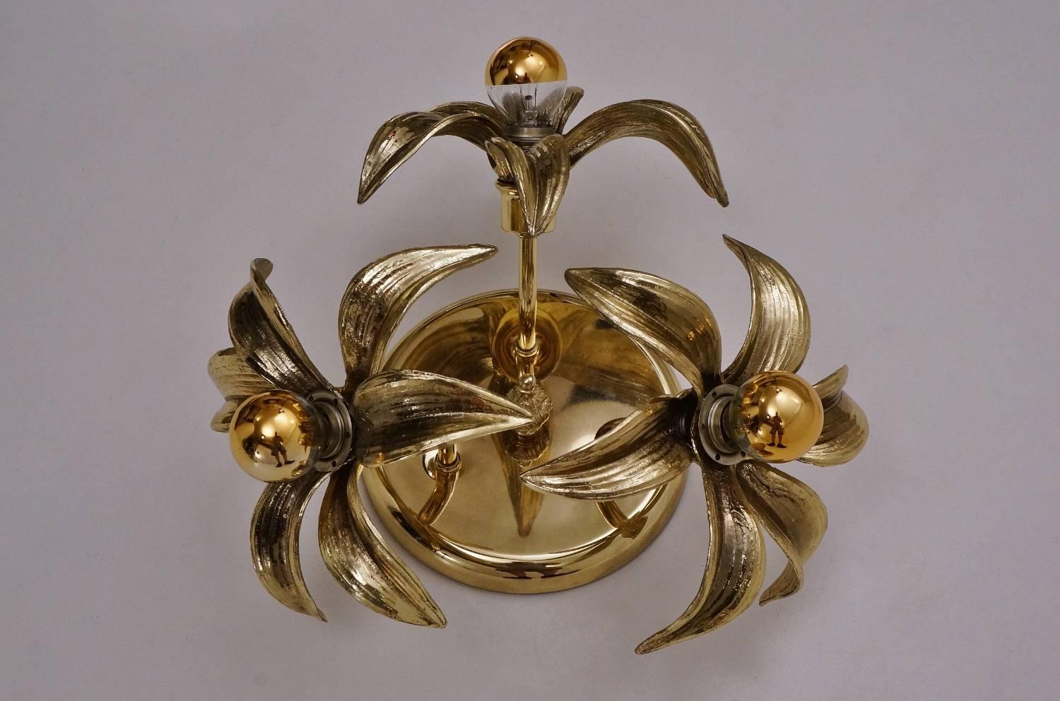 Post-Modern Brass Flower Light in the Style of Willy Daro by Massive, circa 1970s, Belgian